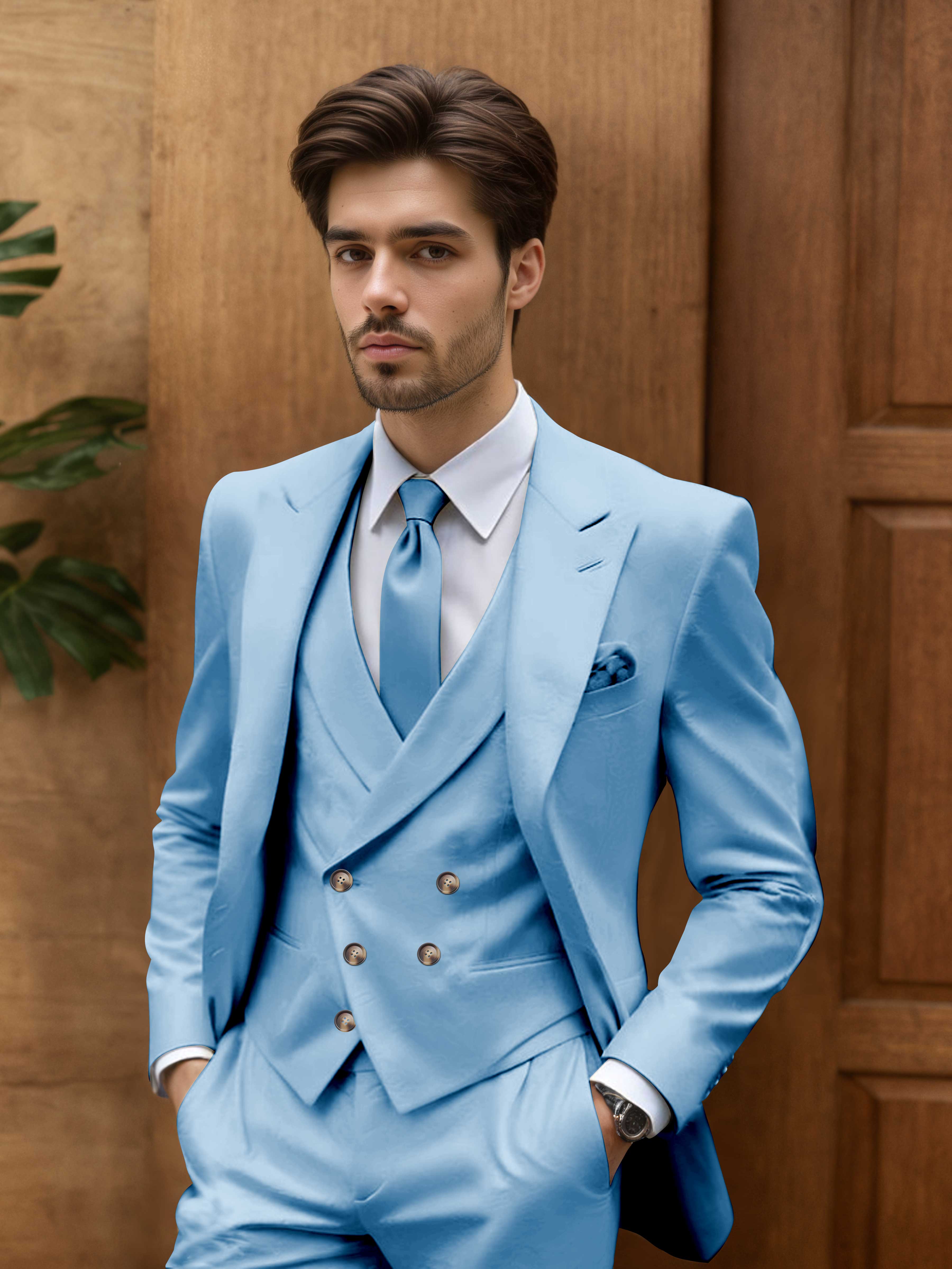 Contemporary Slim Cut Men's 3 Pieces Outdoor Wedding Suits