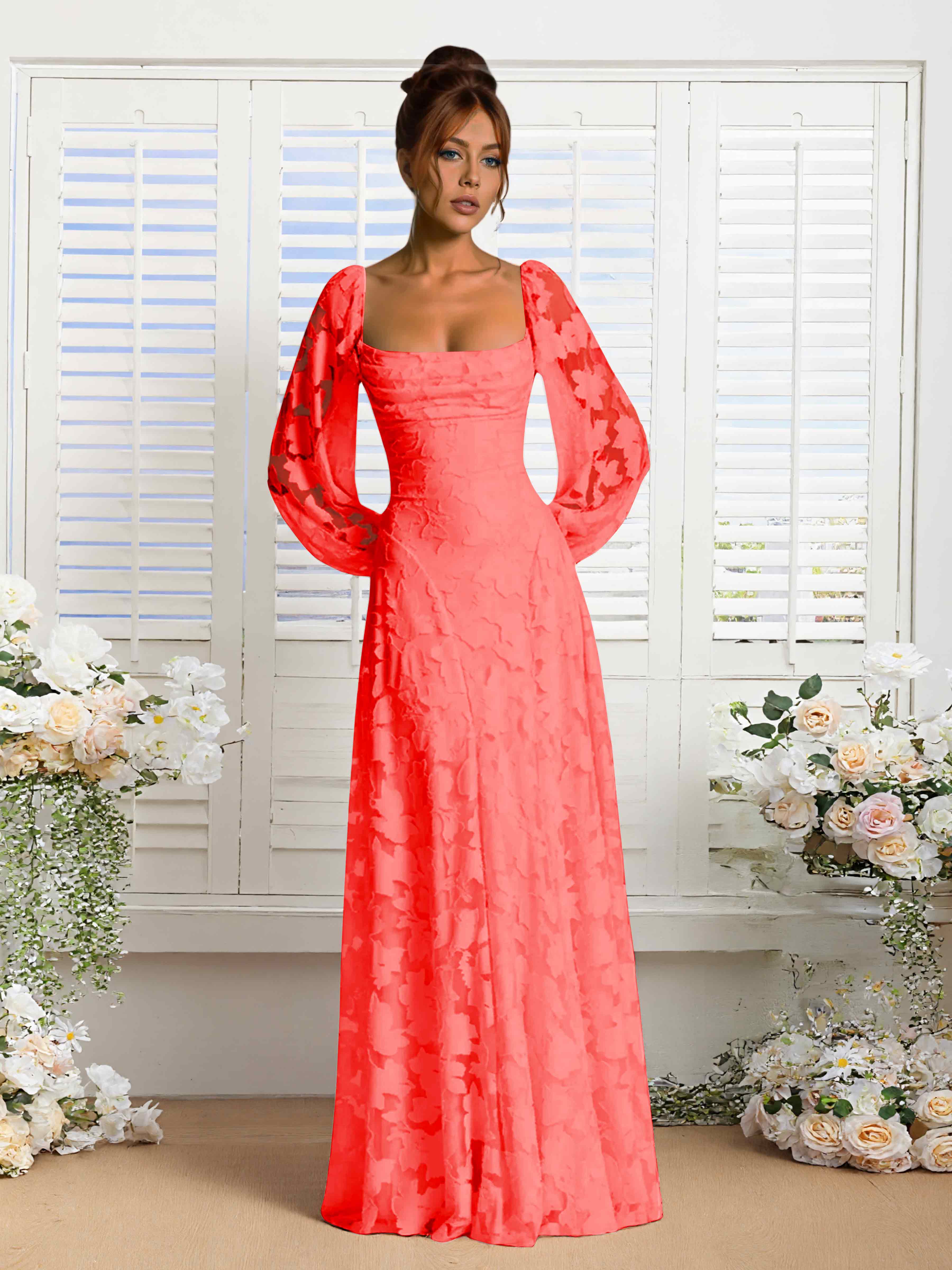 Xandra Delicate Long Sleeves Ruched Long Floral Lace Formal Dresses