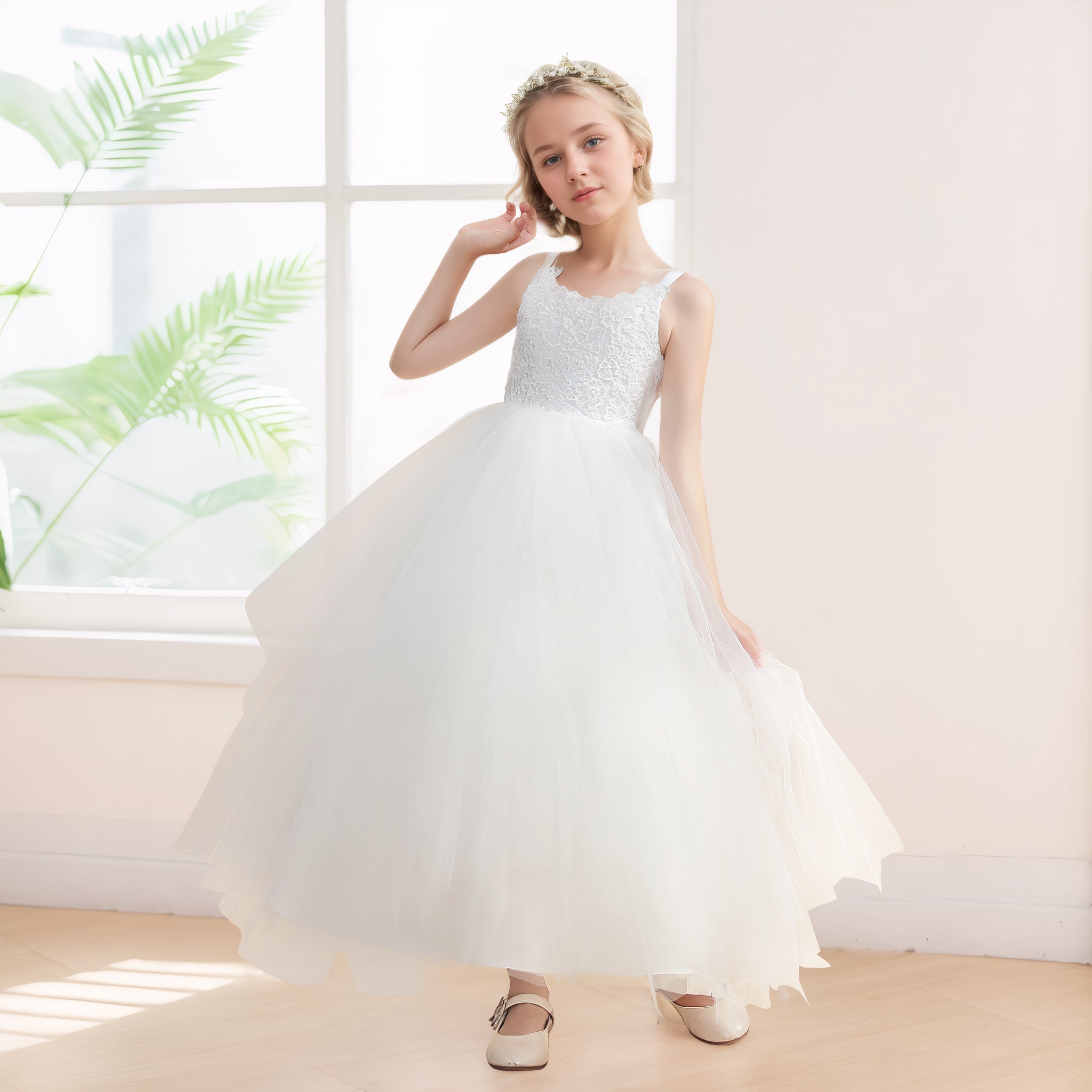 Cute A-Line Sleeveless Tulle Applique Long Flower Girl Dresses