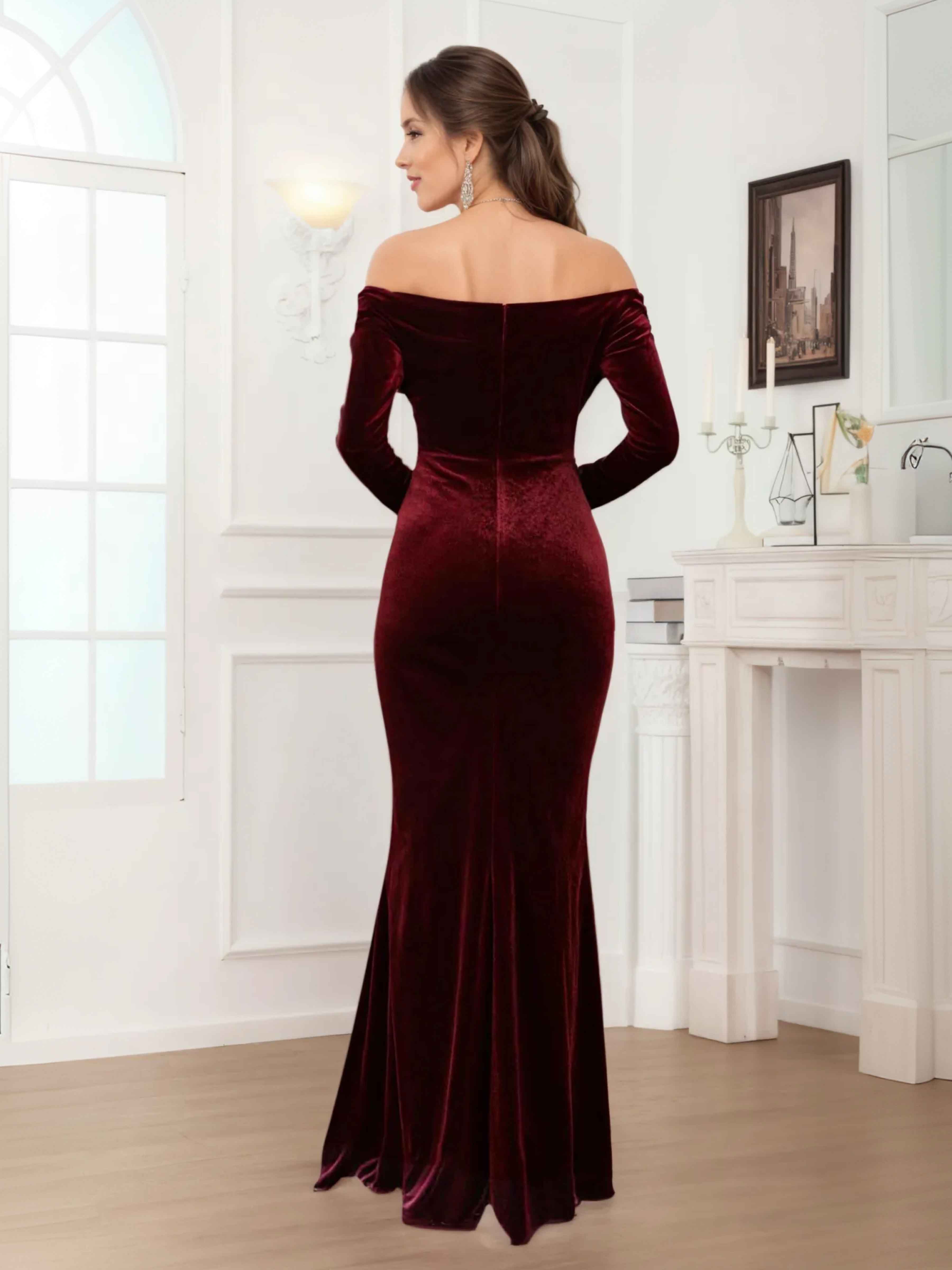 Darielle Gentle Off the Shoulder Long Sleeves Back Zip Long Velvet Mother Of The Bride Dresses