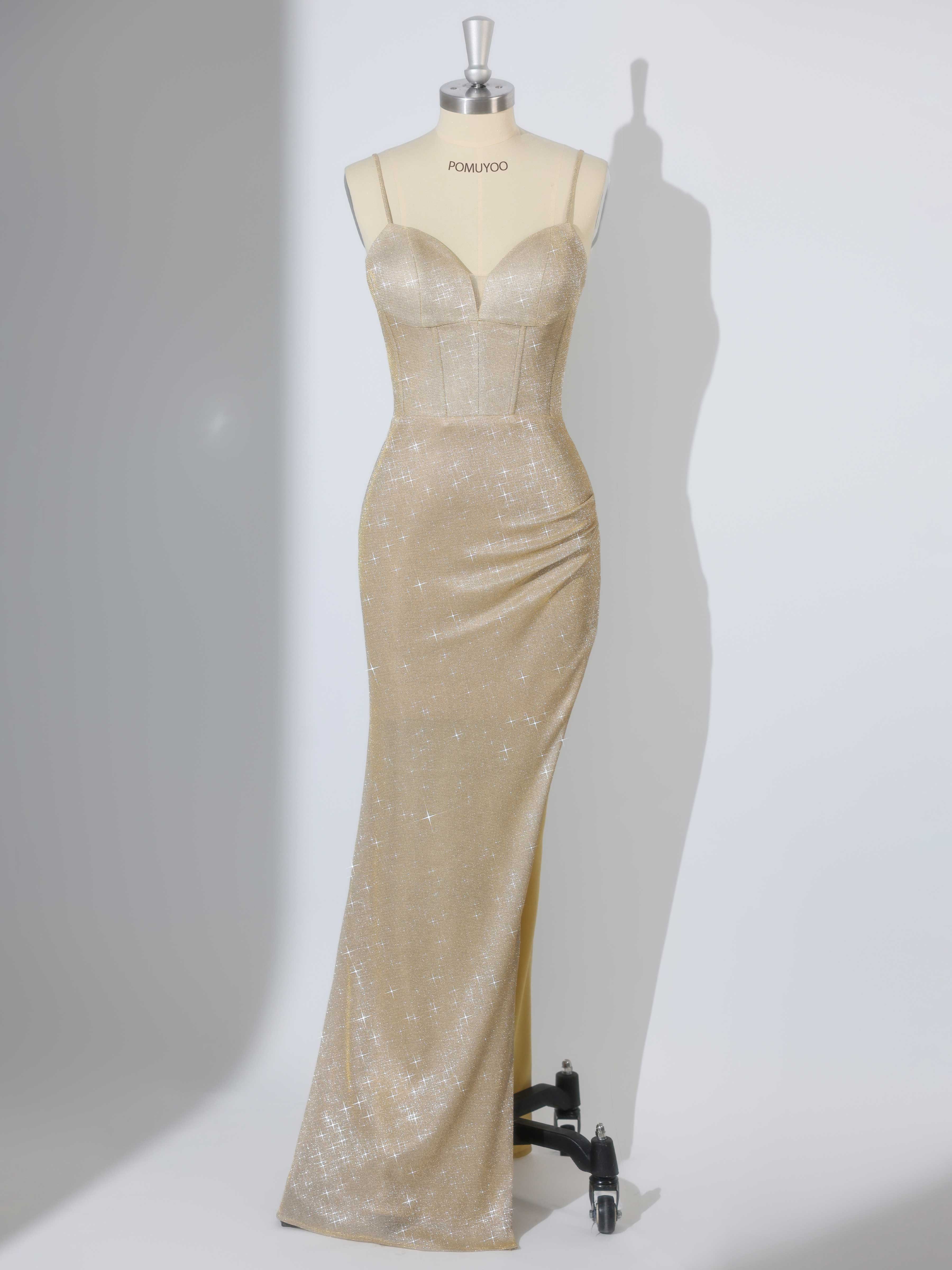Dazzling Mermaid Spaghetti Straps Pleated Long Glitter Prom Dresses UK Dazzling Mermaid Spaghetti Straps Pleated Long Glitter Prom Dresses UK