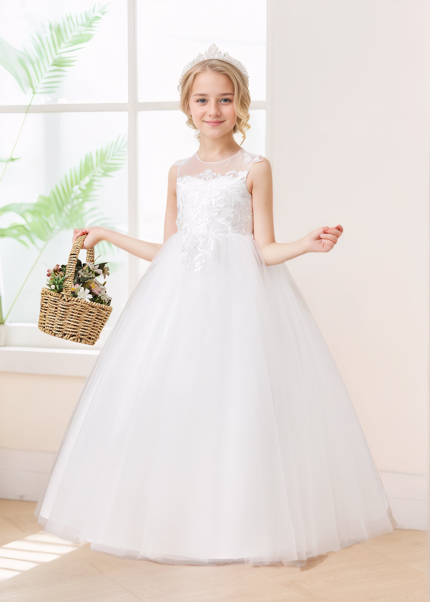 Delicate A-Line Sleeveless Lace Appliques Long Tulle Flower Girl Dresses