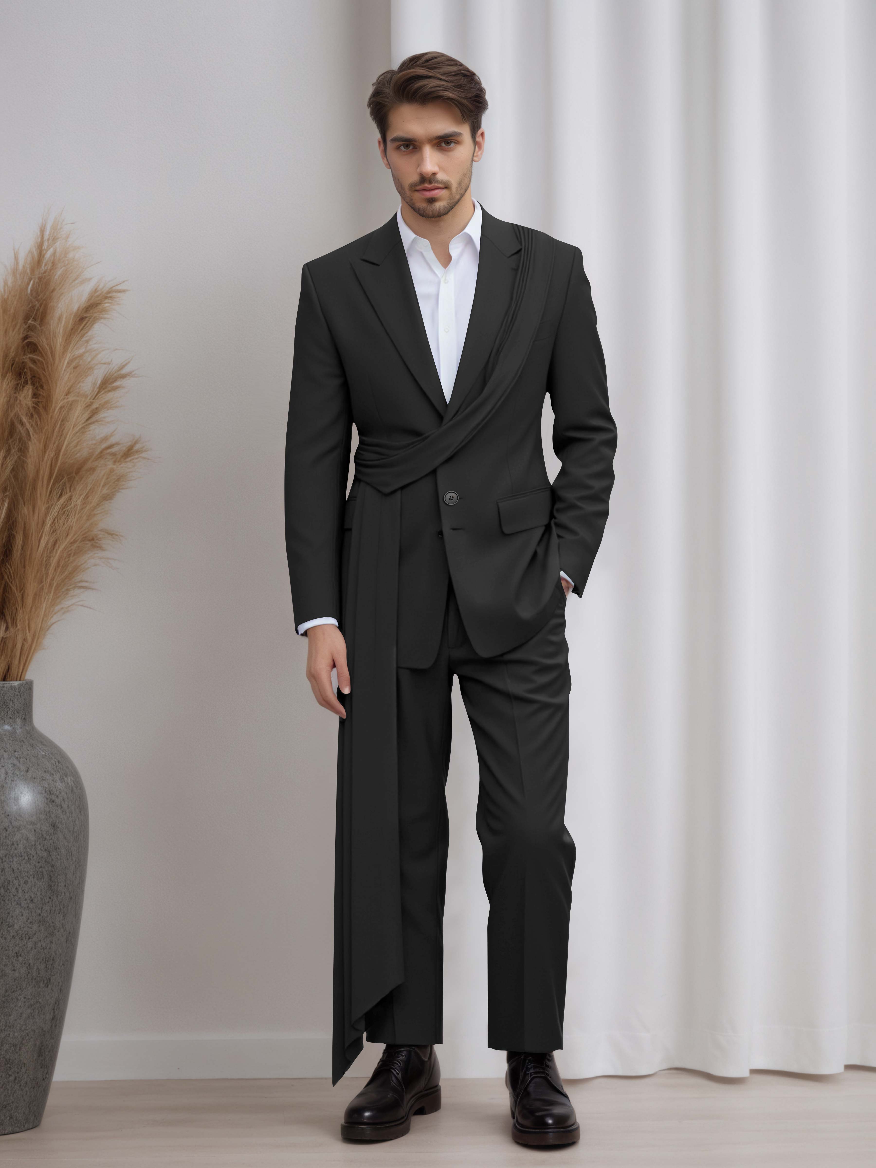 Designer Peak Lapel Men's 2 Pieces Suit with Ribbon Trim for Formal Events