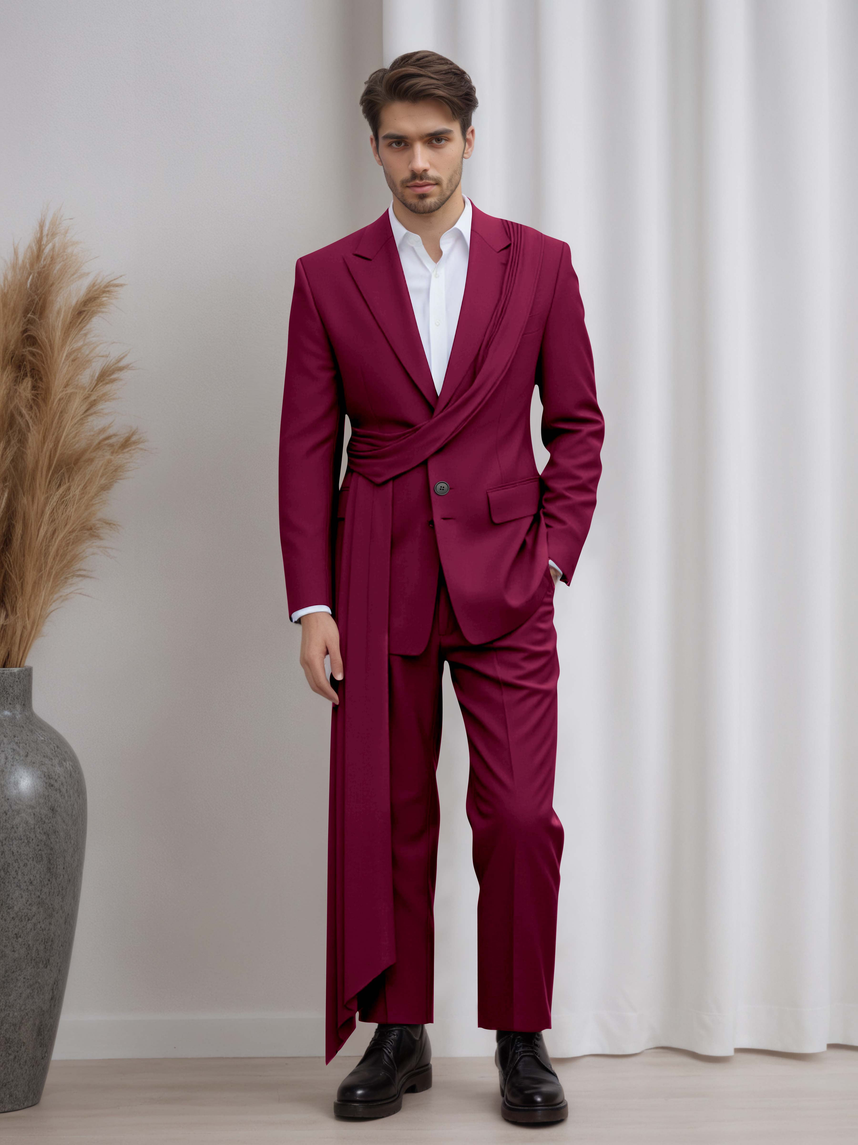 Designer Peak Lapel Men's 2 Pieces Suit with Ribbon Trim for Formal Events