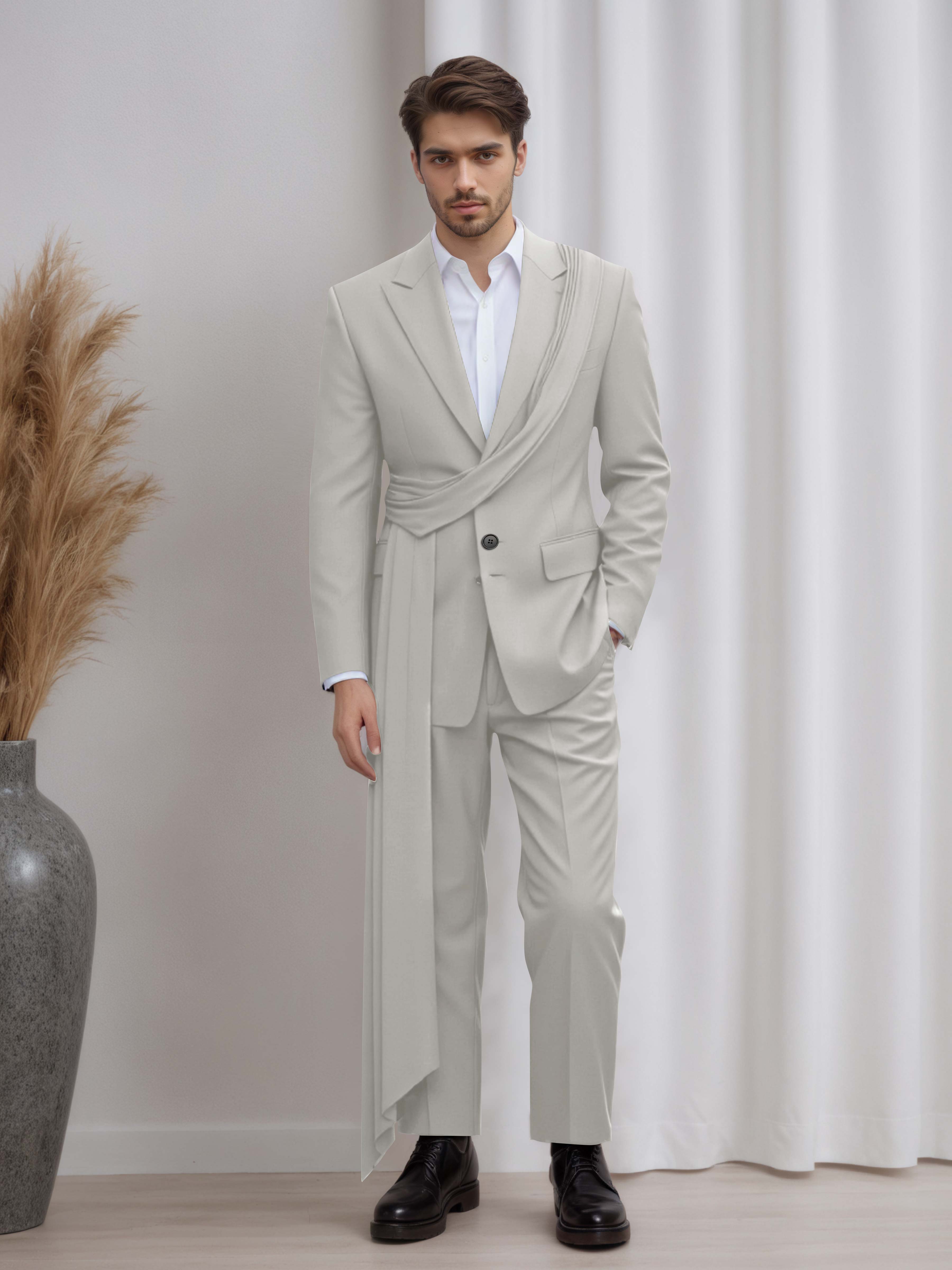 Designer Peak Lapel Men's 2 Pieces Suit with Ribbon Trim for Formal Events