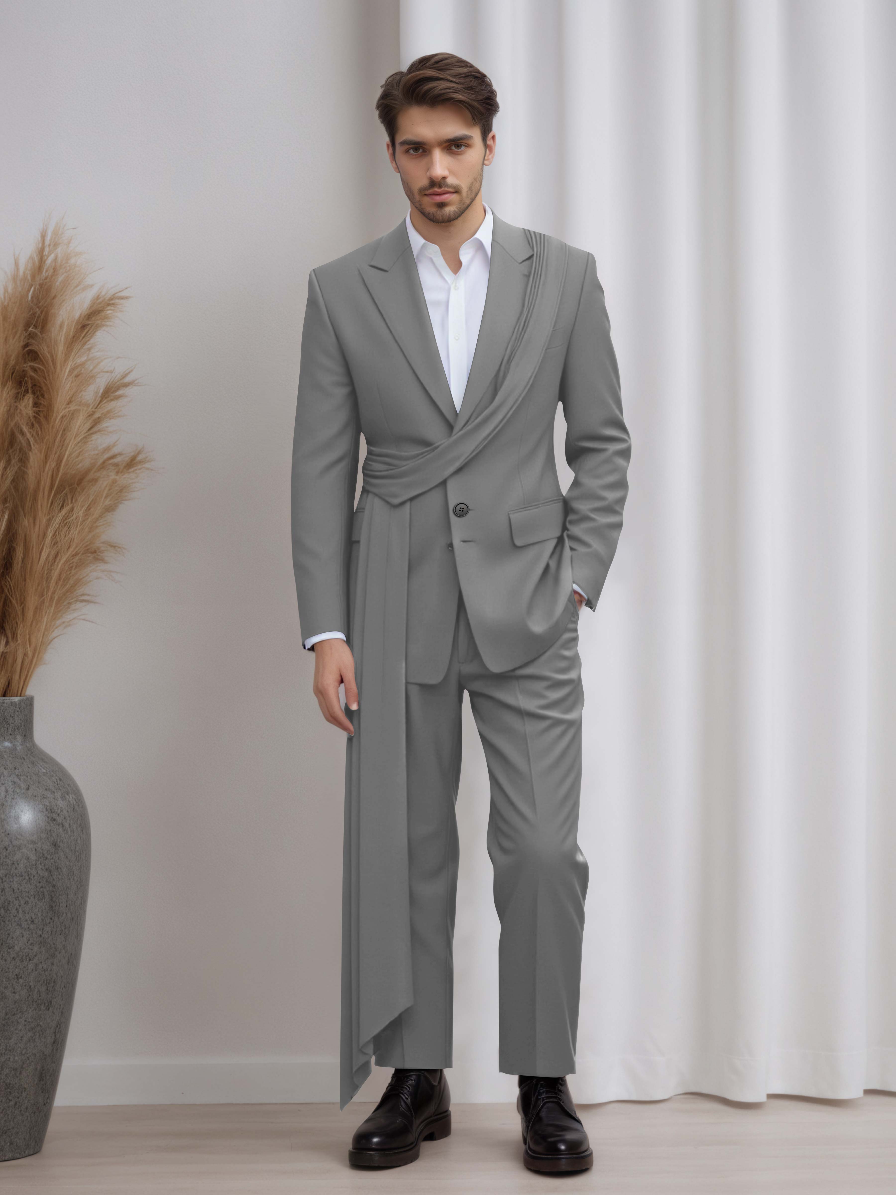 Designer Peak Lapel Men's 2 Pieces Suit with Ribbon Trim for Formal Events