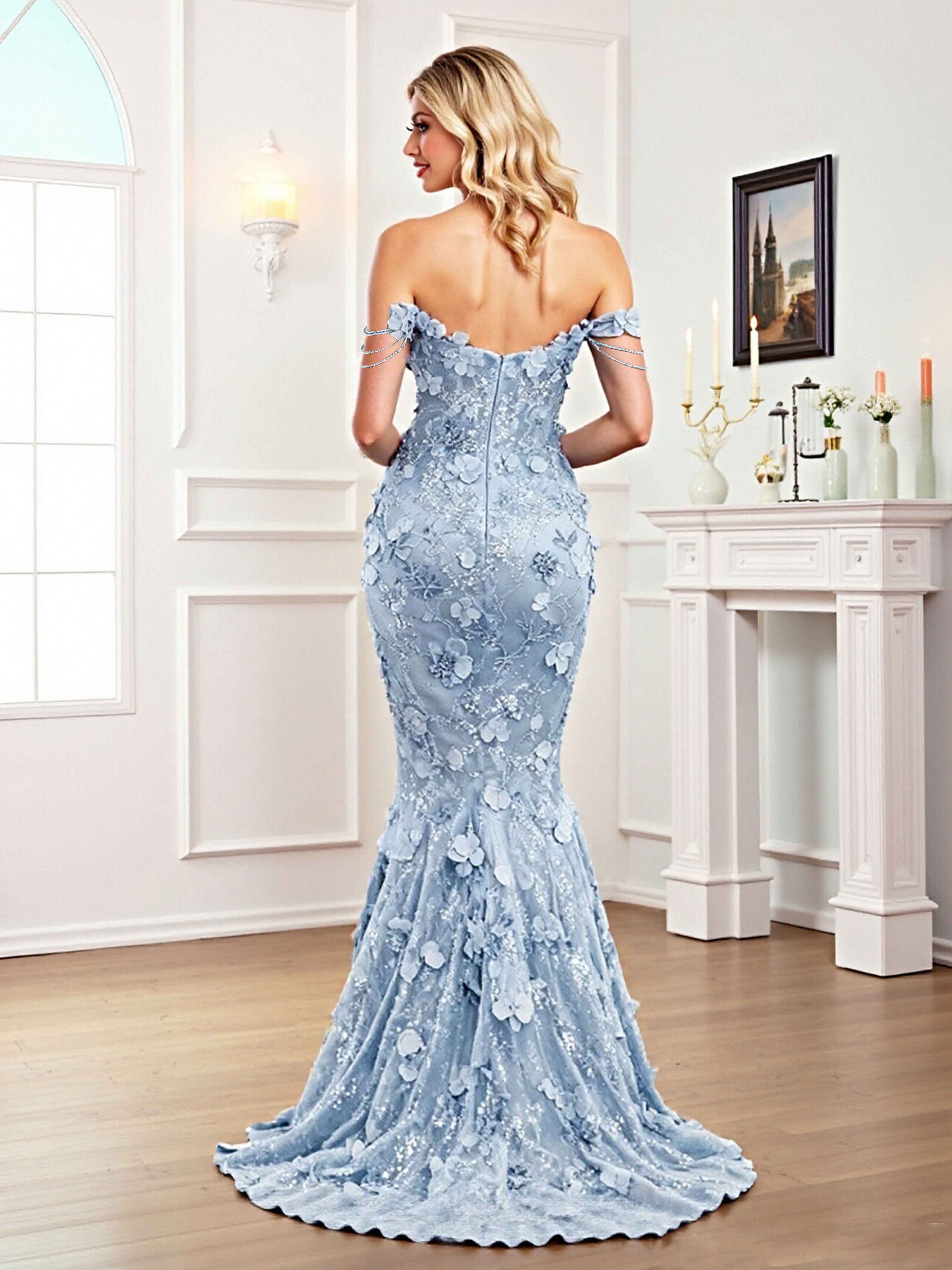 Draelara Glamorous Strapless Floral Lace Sequins Prom Dresses