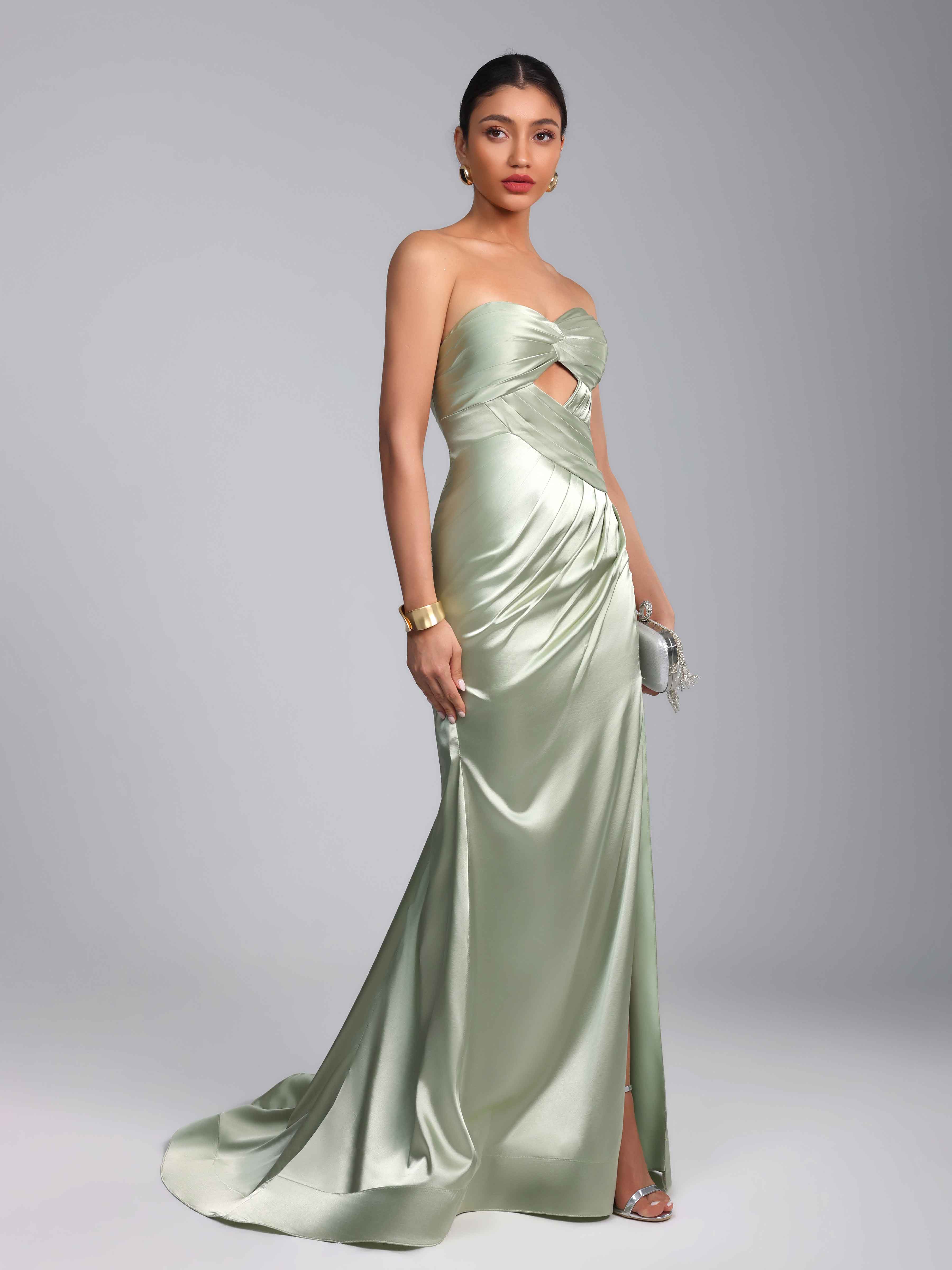 Draelith Modern Mermaid Sweetheart Pleated Slit Long Satin Prom Dress