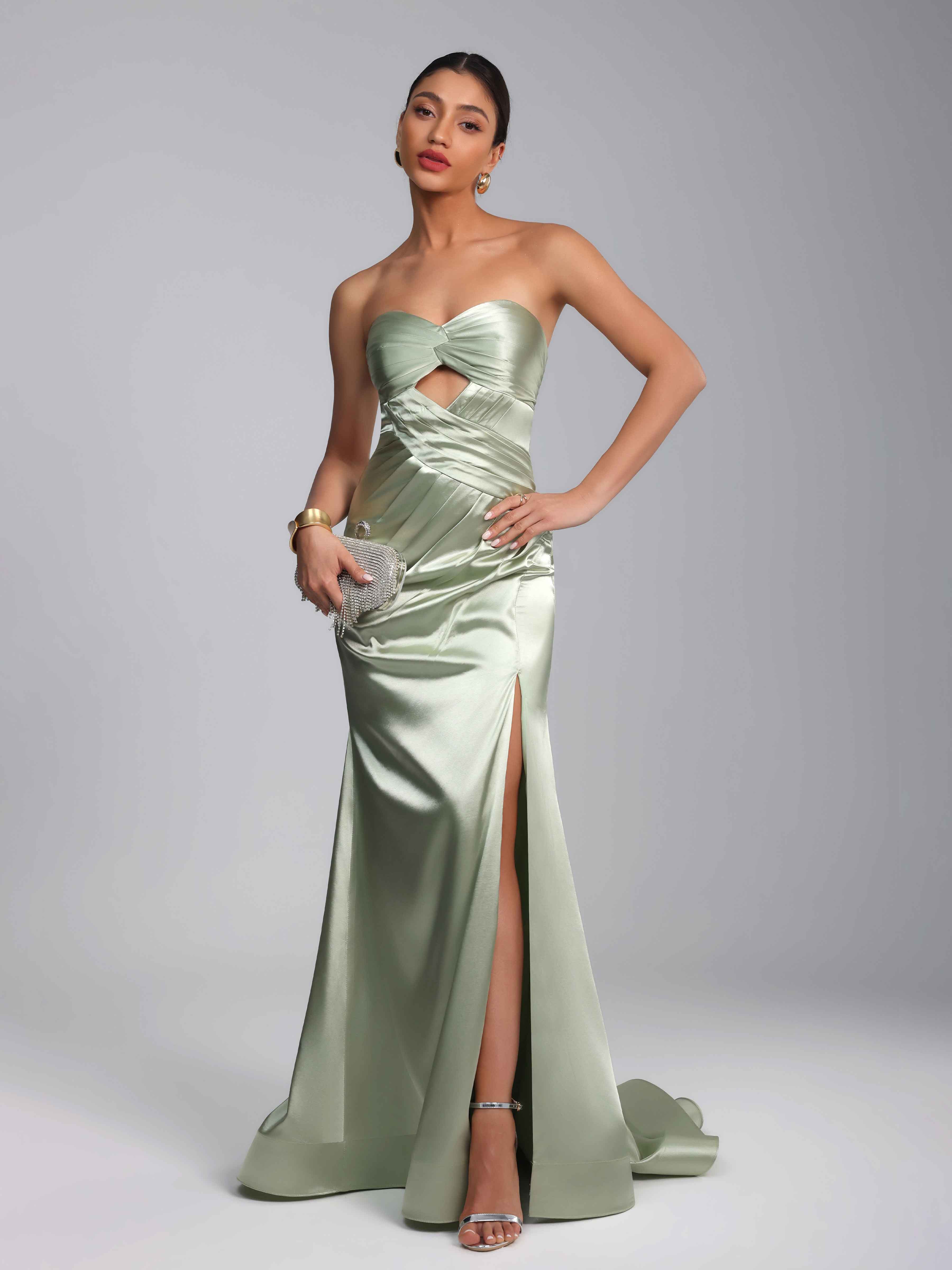 Draelith Modern Mermaid Sweetheart Pleated Slit Long Satin Prom Dress