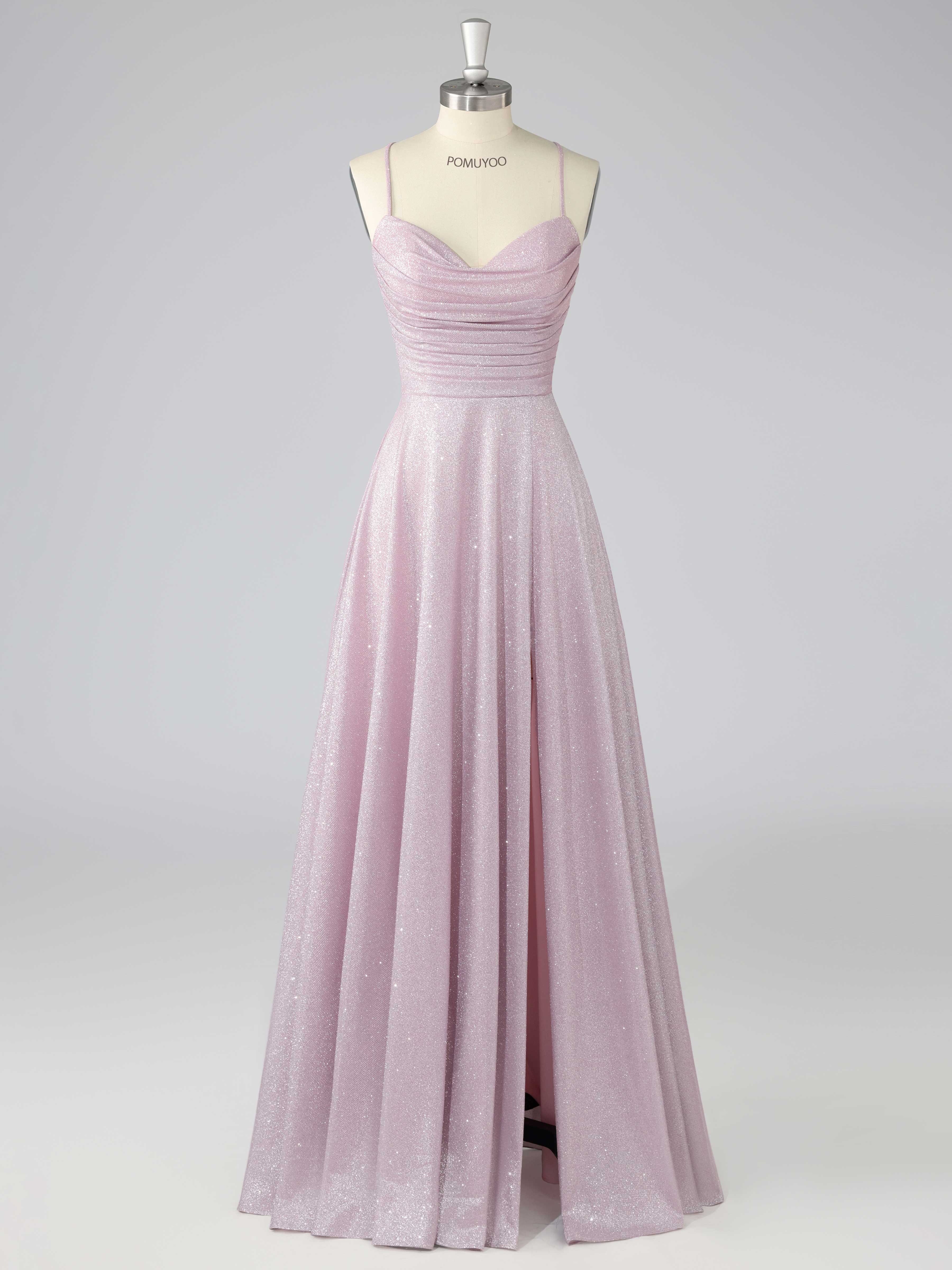 Dreamy A-Line Cowl Spaghetti Straps Ruched Long Glotter Prom Dresses U