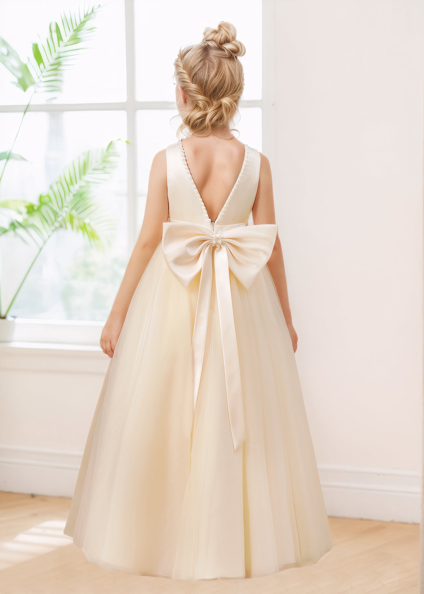Dreamy A-line Sleeveless Pearls Tulle Long Flower Girl Dresses