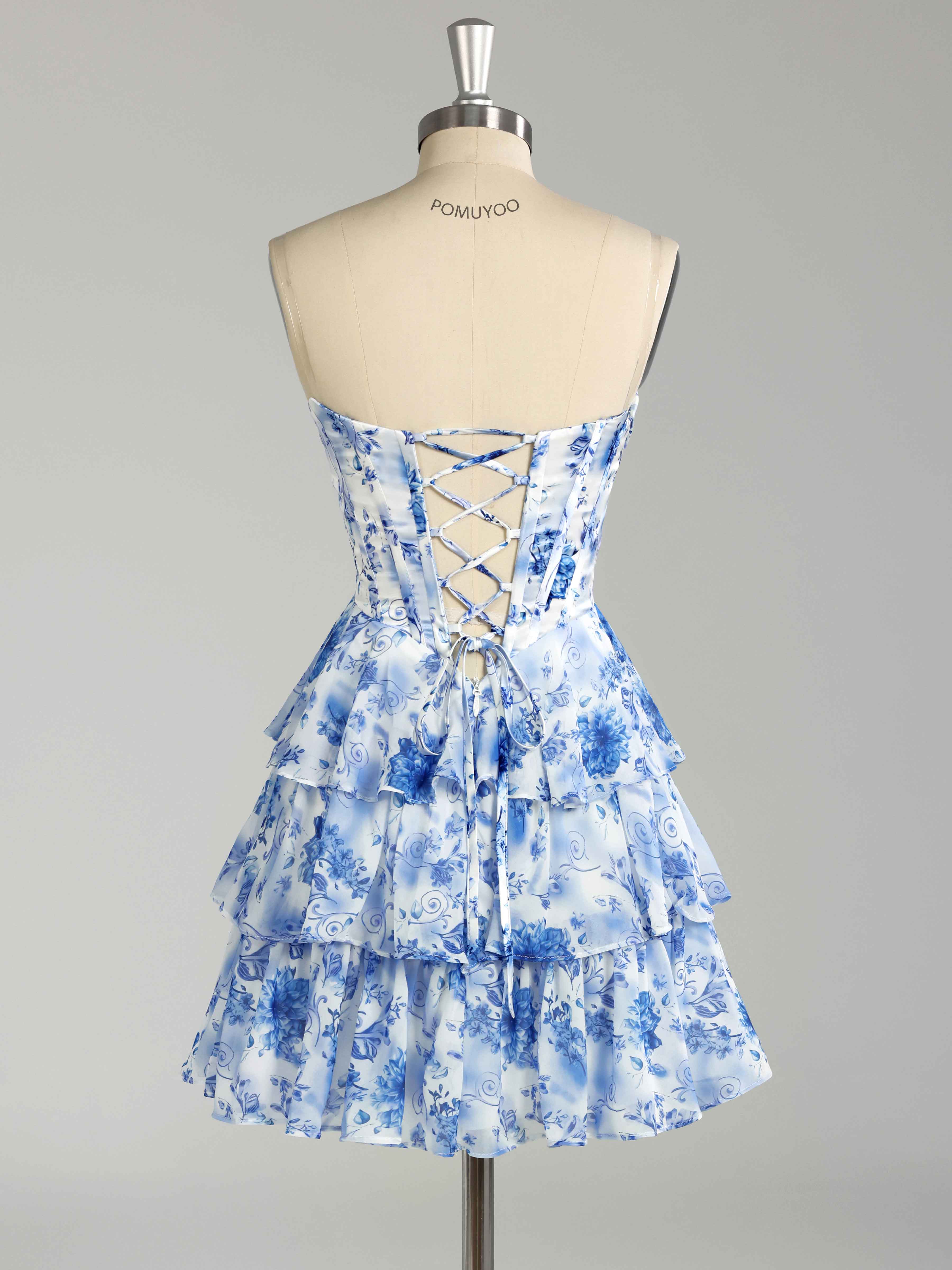 Dreamy Strapless Tiered Corset Floral Print Chiffon Mini Party Dresses