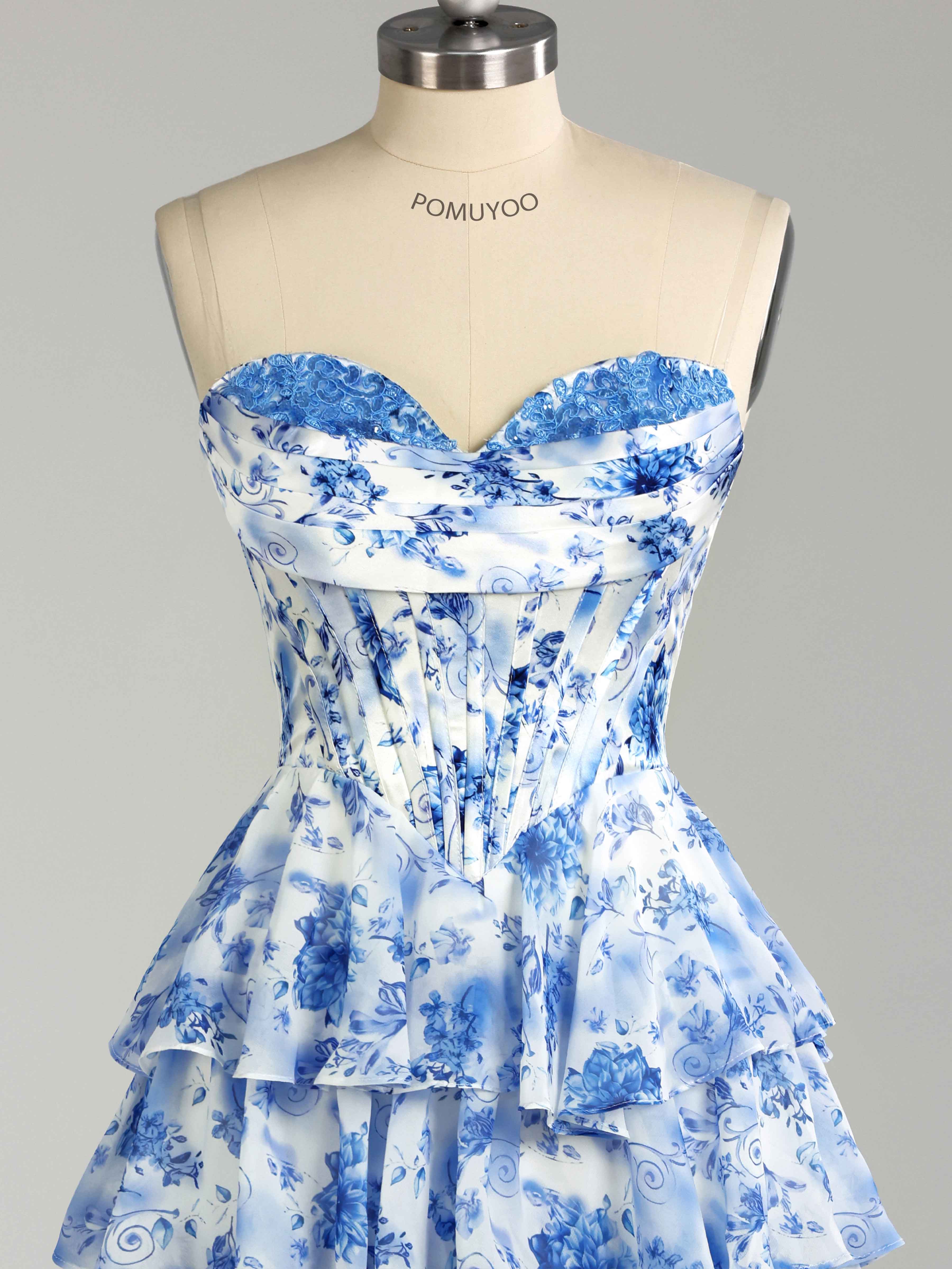 Dreamy Strapless Tiered Corset Floral Print Chiffon Mini Party Dresses