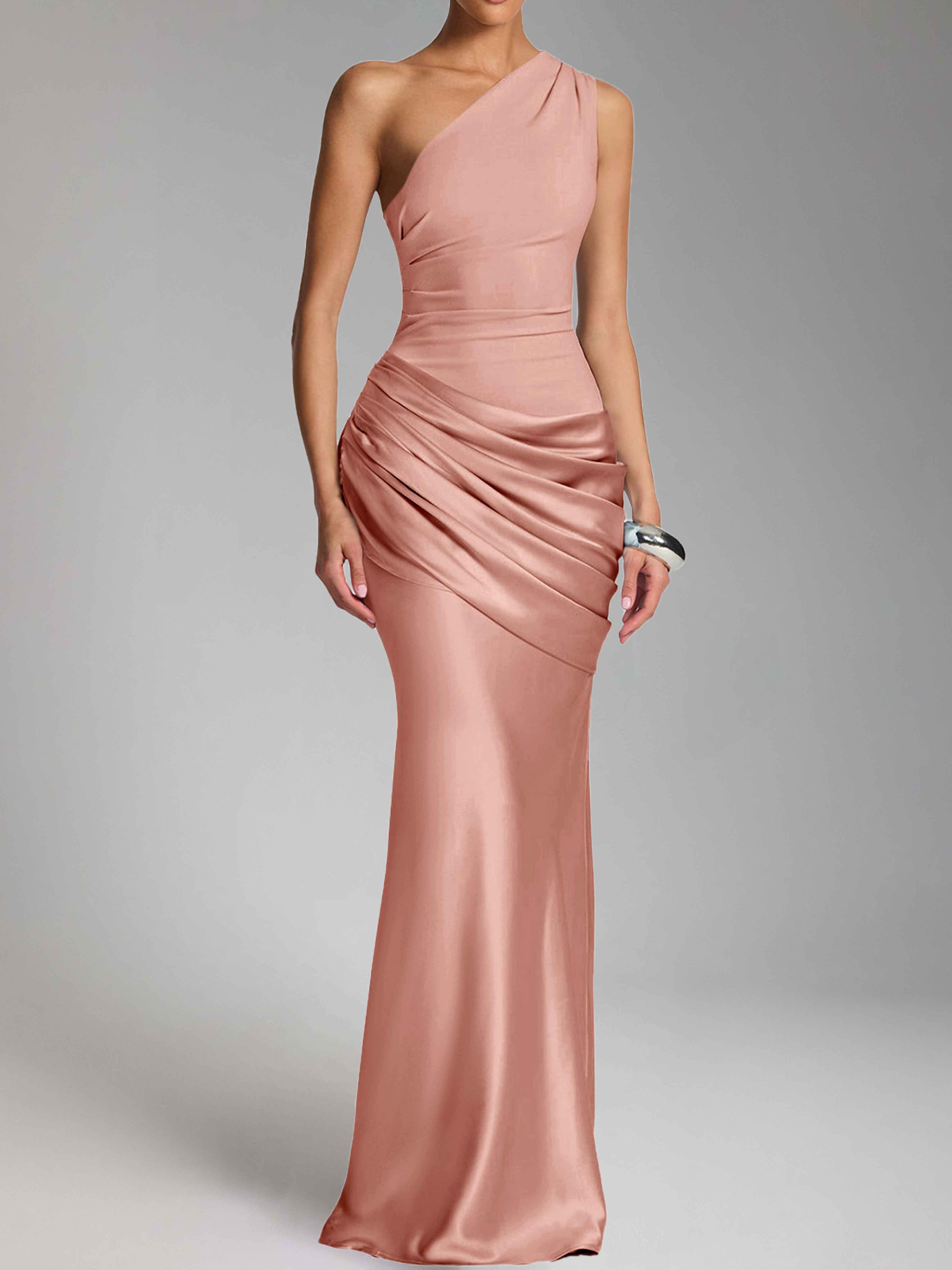 Jaelithra Elegant One Shoulder Pleated Satin Long Prom Dresses
