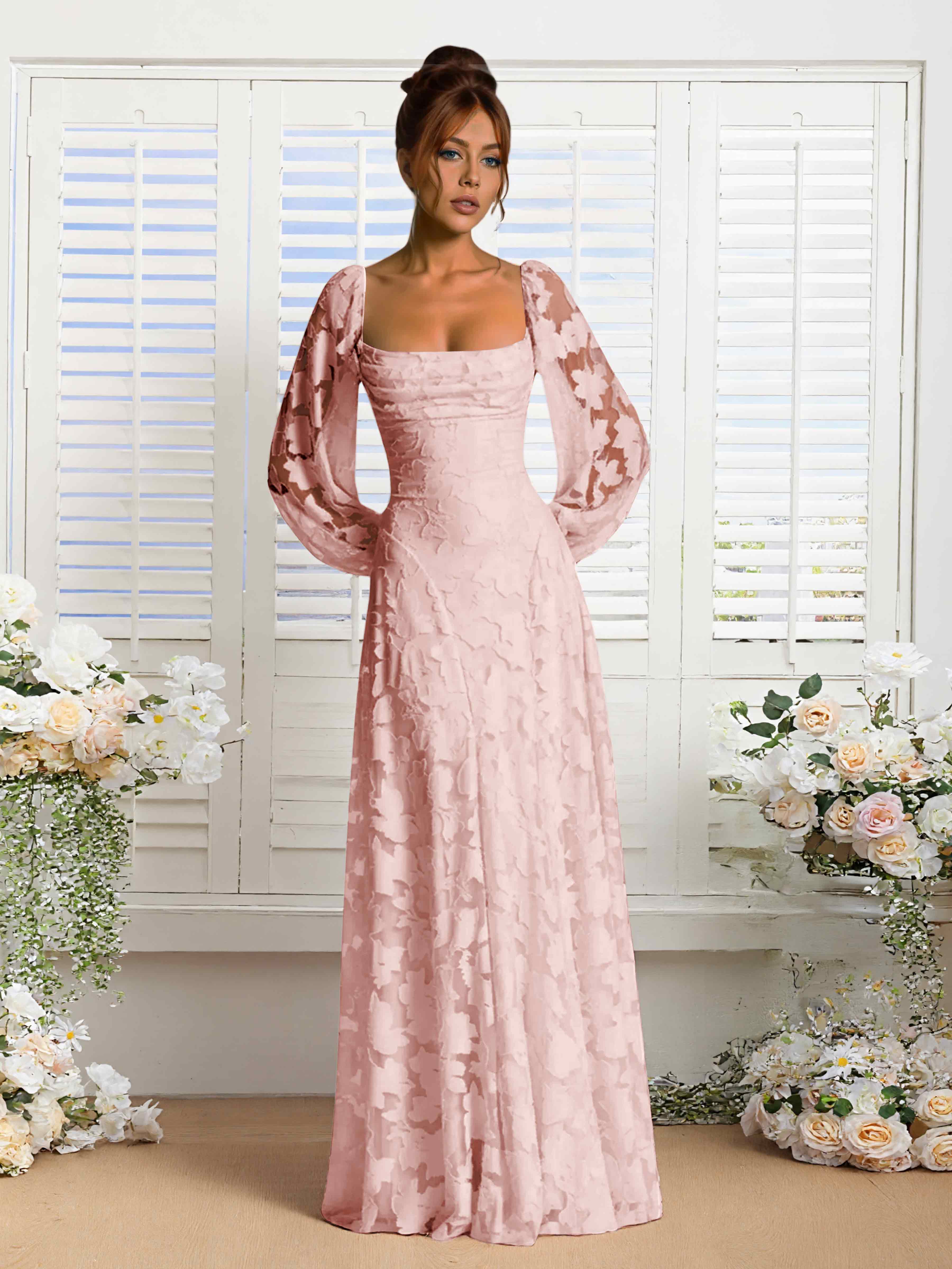 Xandra Delicate Long Sleeves Ruched Long Floral Lace Formal Dresses