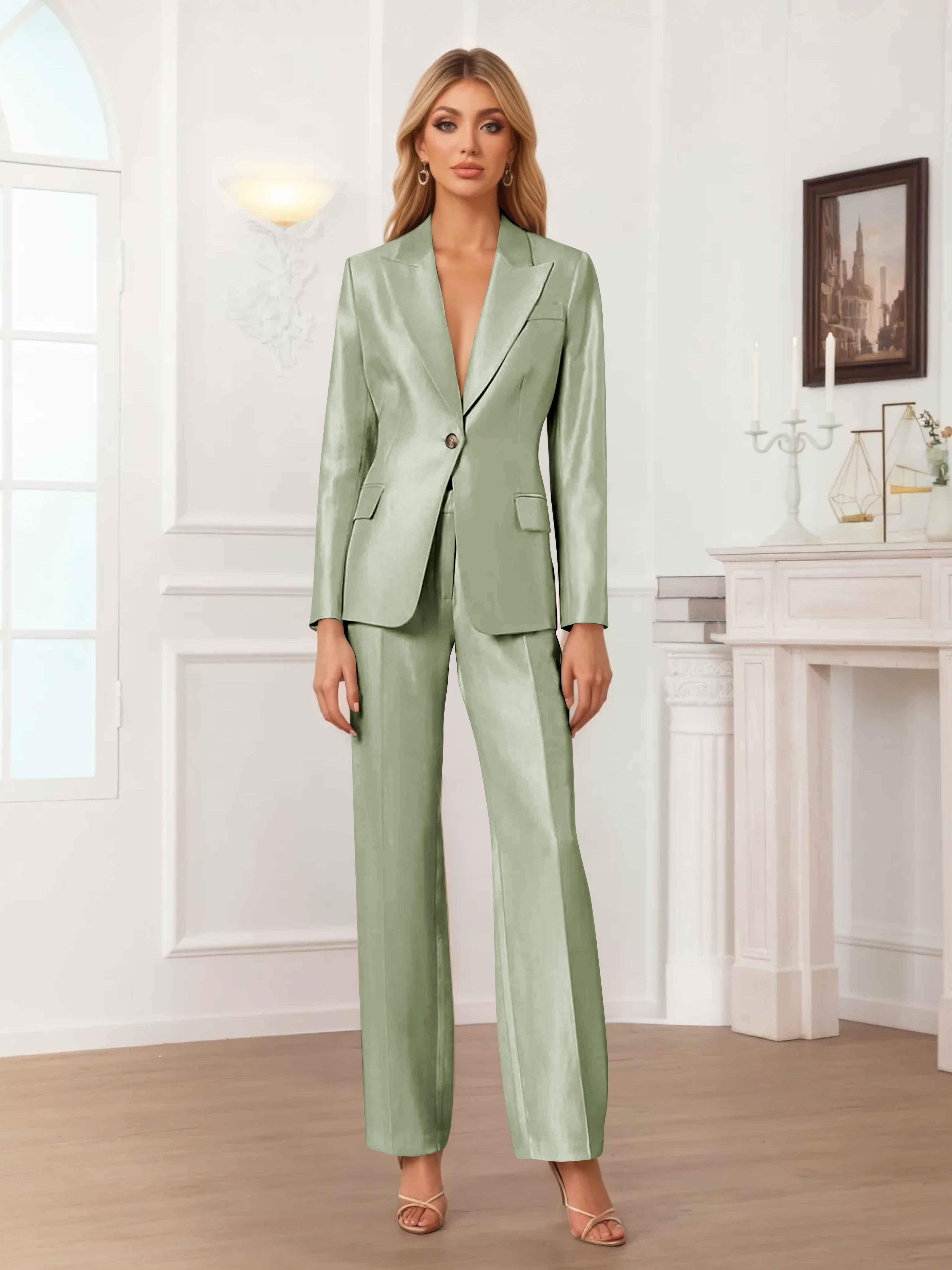 Women's 2 Pieces Peak Lapel One-Button Satin Formal Suit Set UK