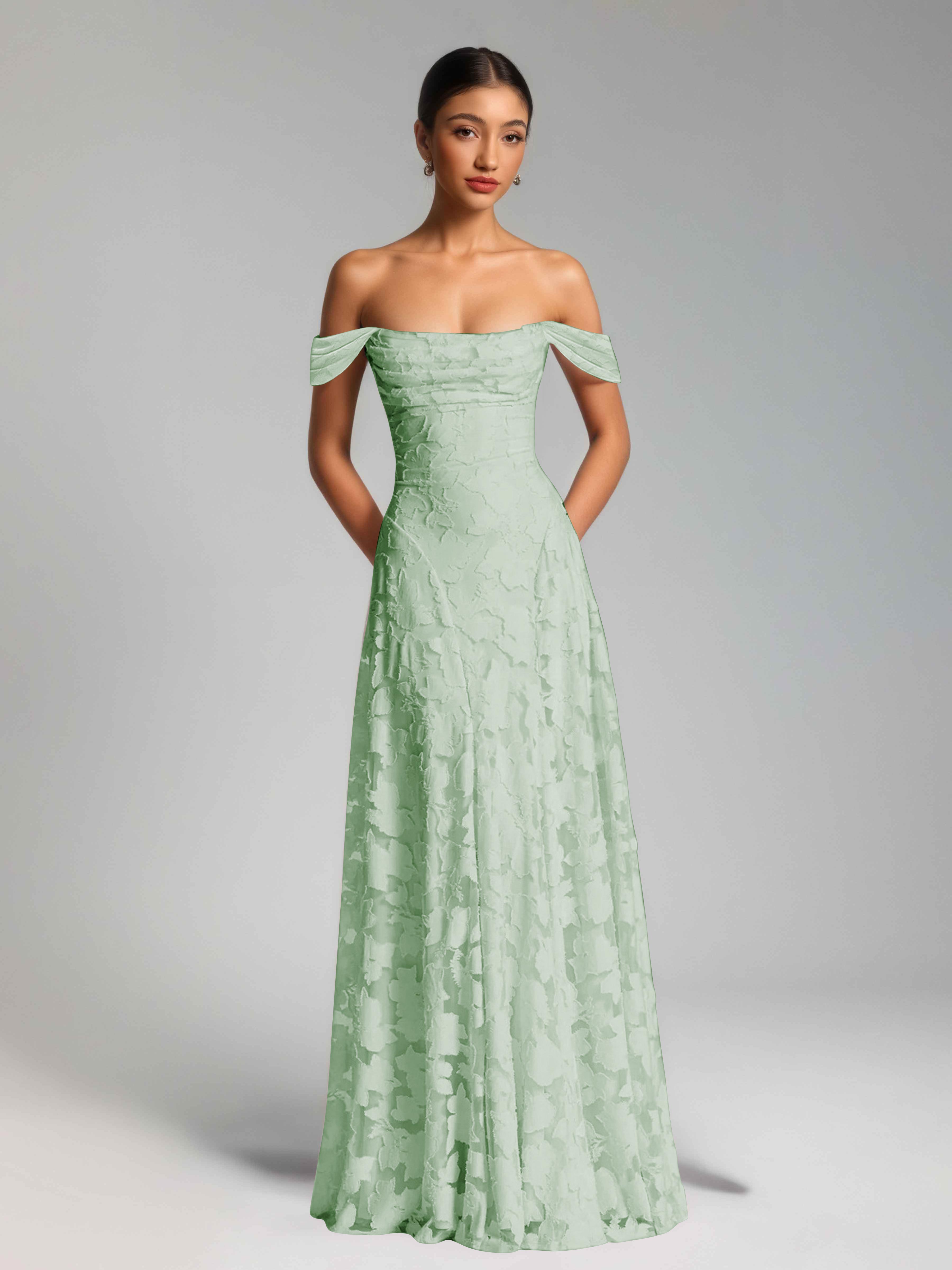 Oraelithra Graceful A-Line Off the Shoulder Floor Length Jacquard Bridesmaid Dresses