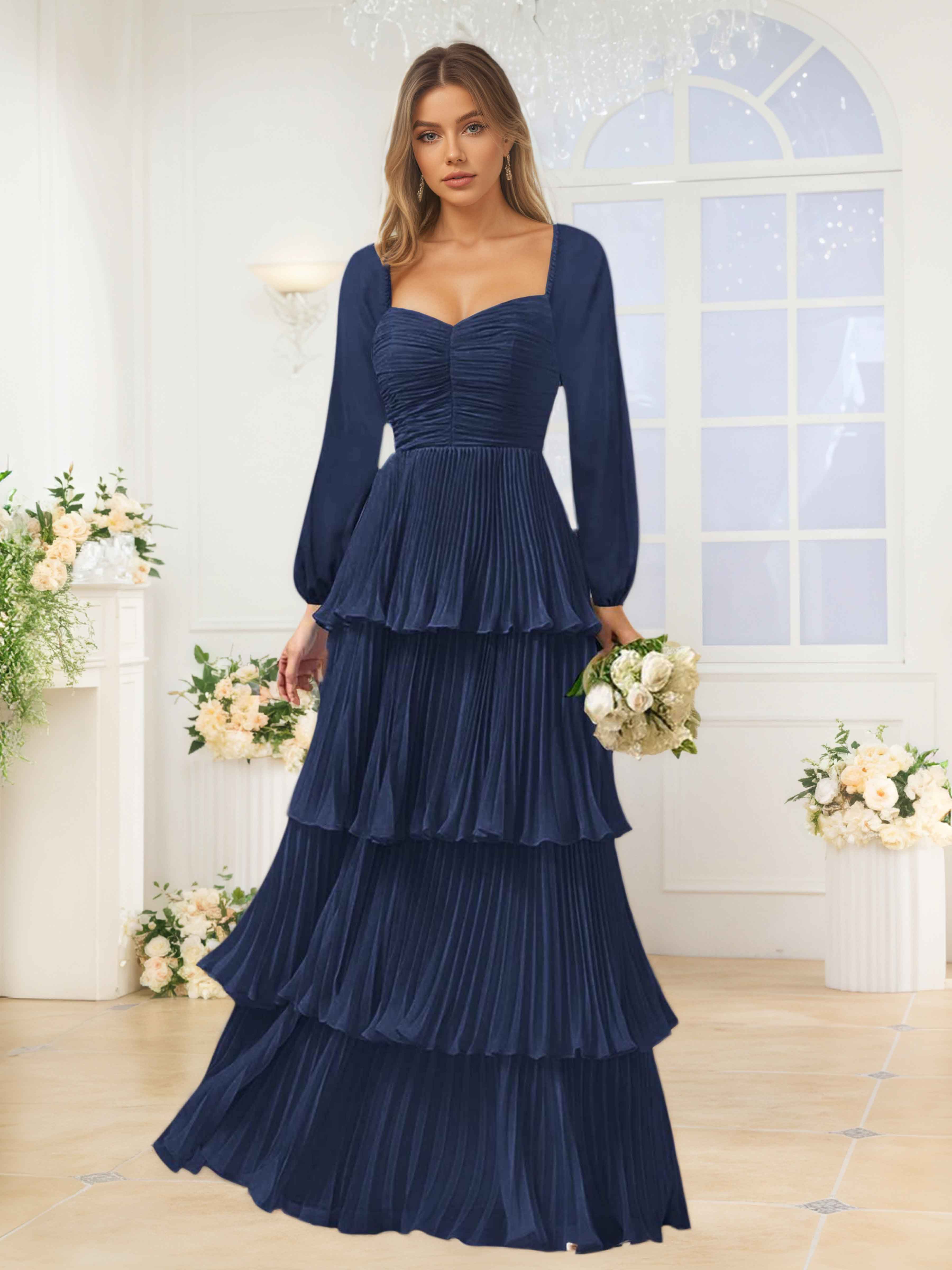 Eirwen Trendy A-Line Long Sleeves Ruched Long Chiffon Bridesmaid Dress