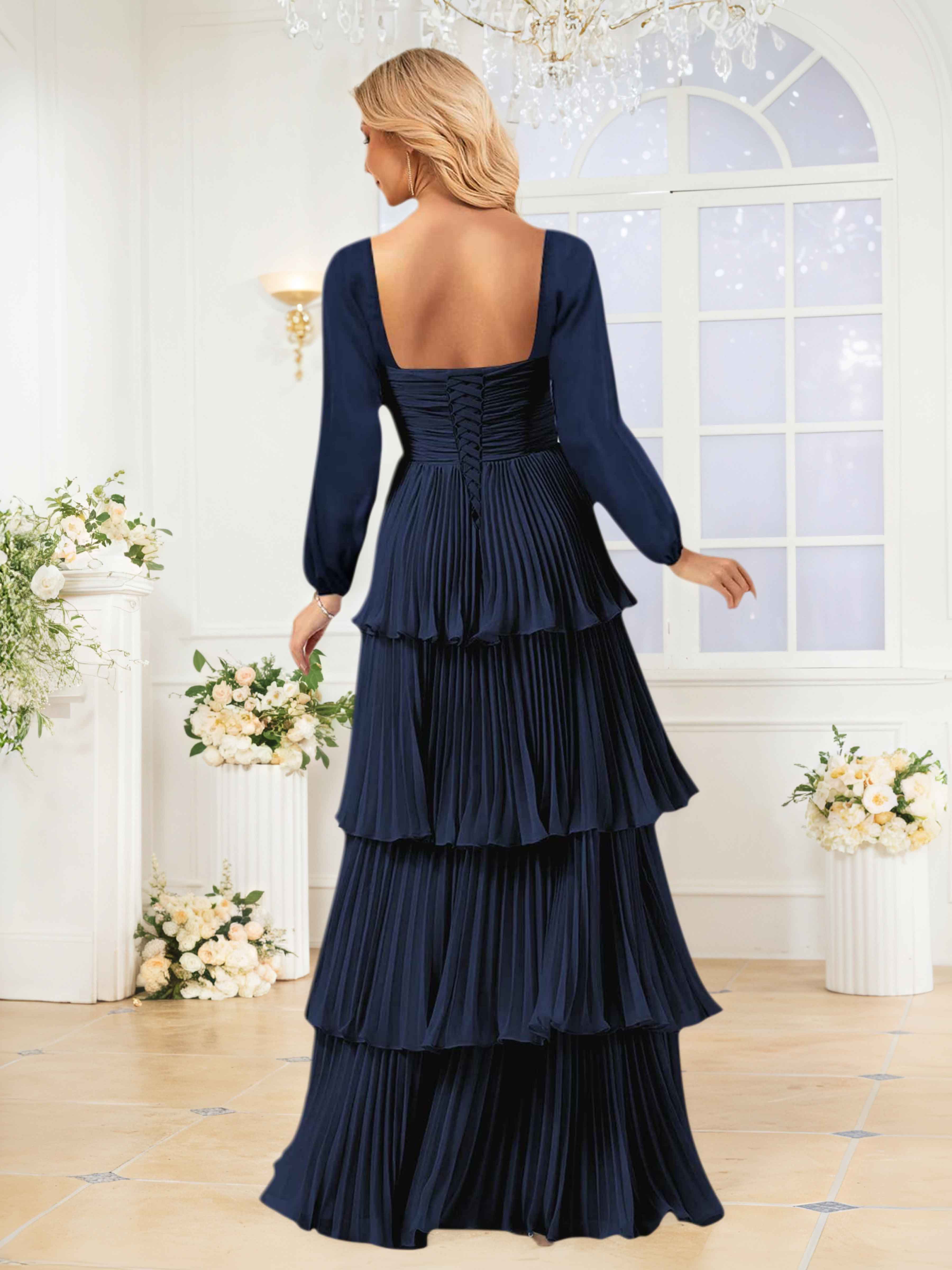 Eirwen Trendy A-Line Long Sleeves Ruched Long Chiffon Bridesmaid Dresses