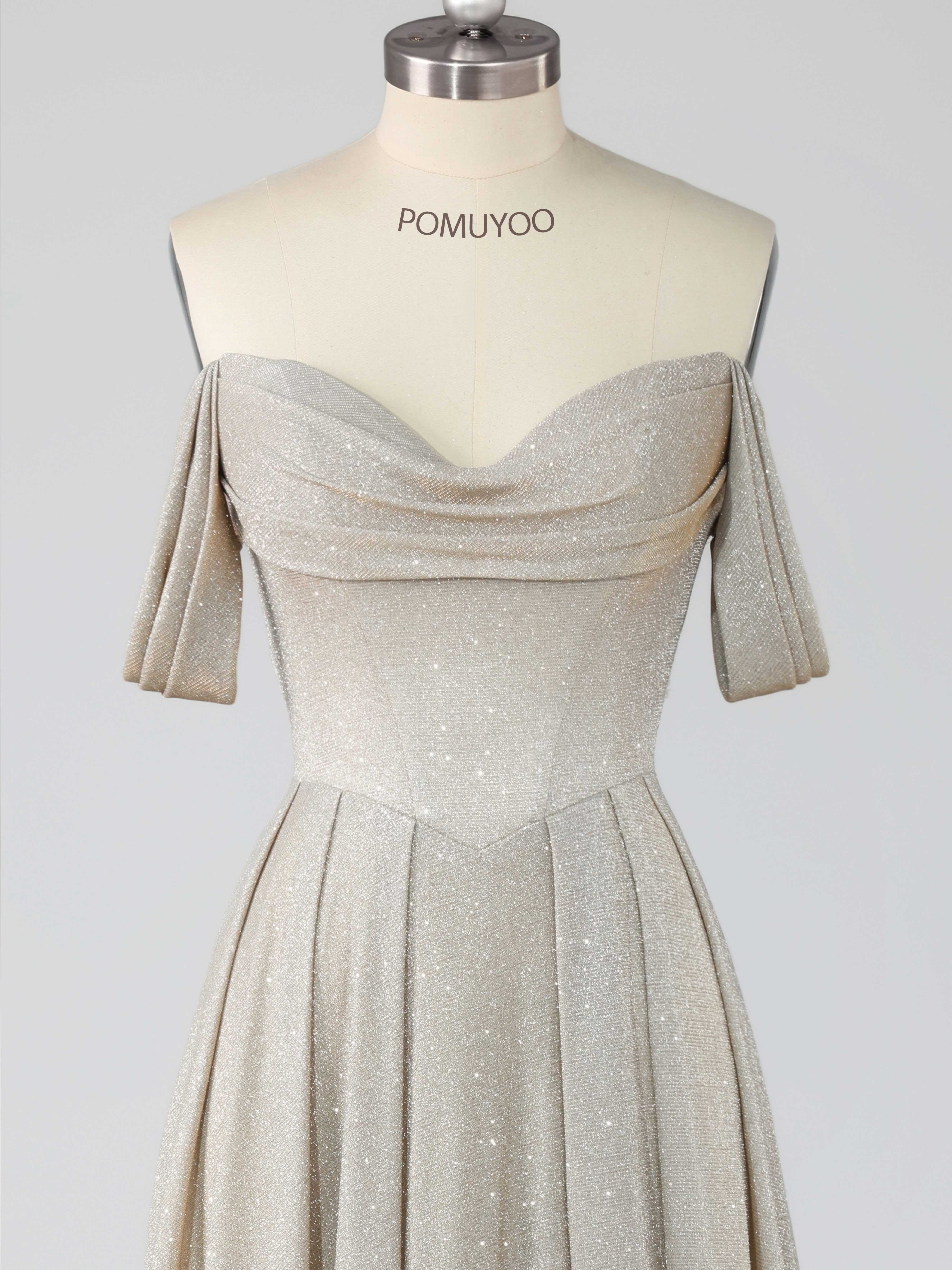 Elegant A-Line Off the Shoulder Floor Length Glitter Prom Dresses UK