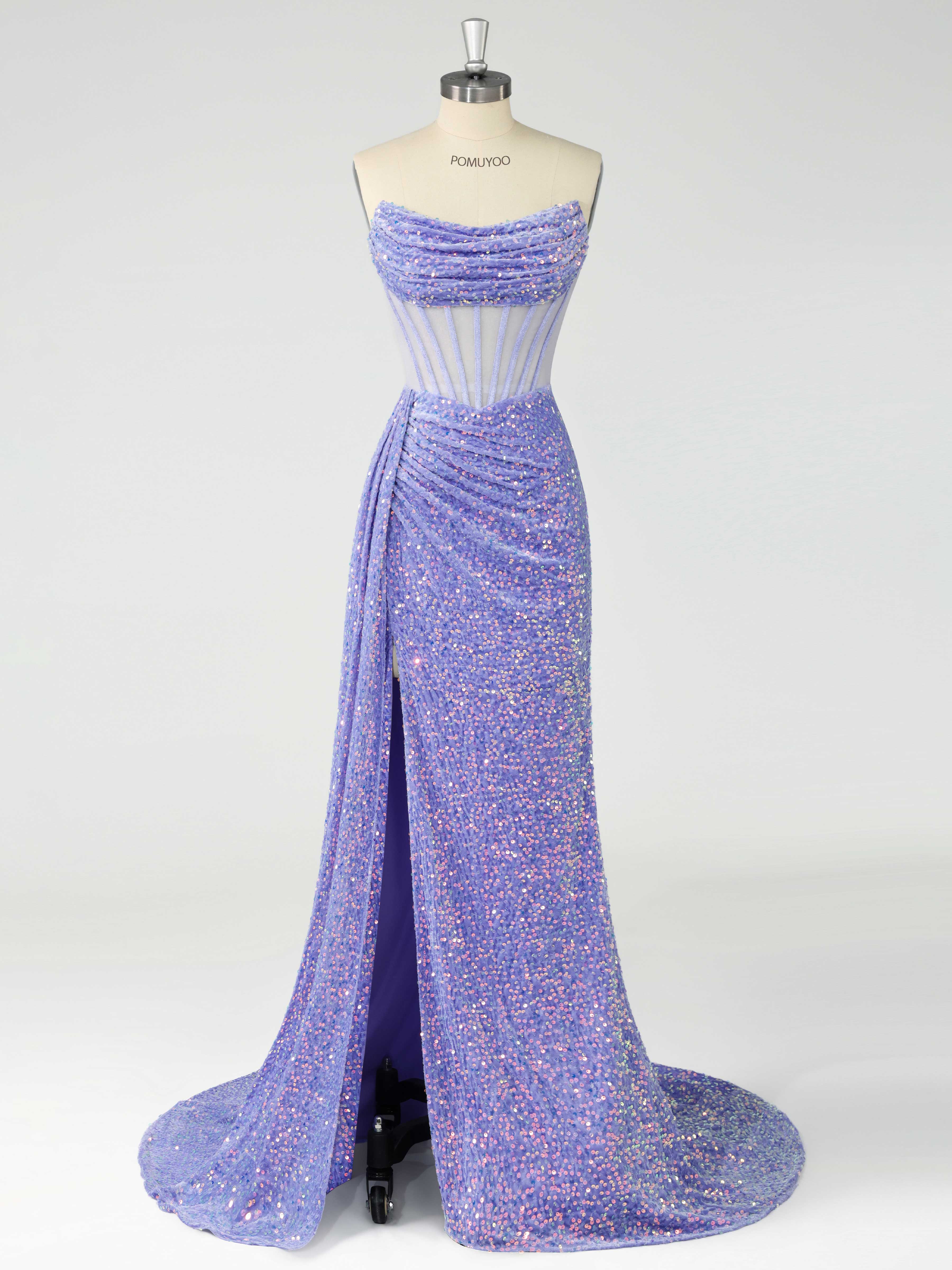 Elegant Strapless Corset Velvet Sequins Train Prom Dresses UK