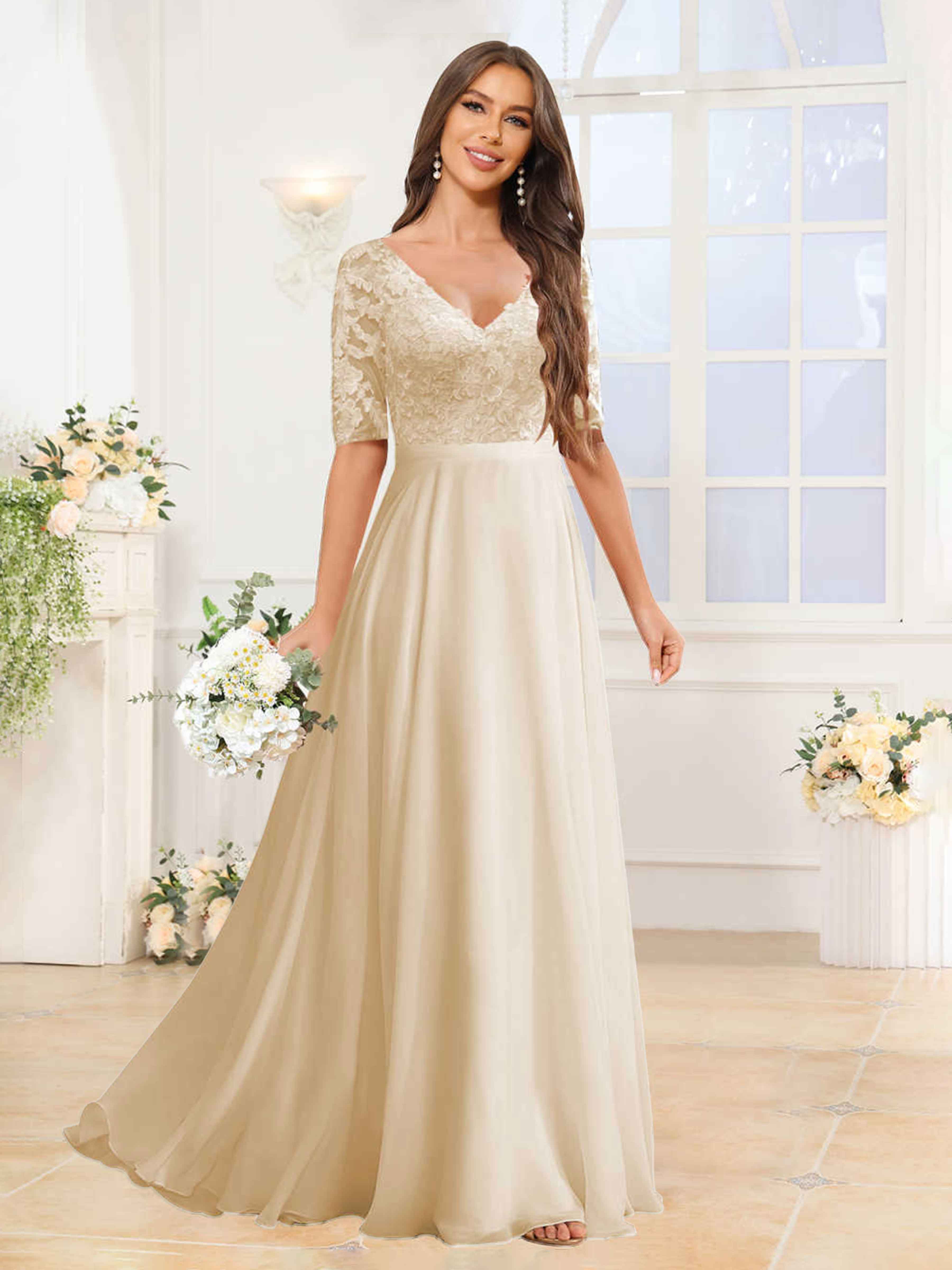 Charming V-Neck Half Sleeves Long Lace Chiffon Wedding Dress