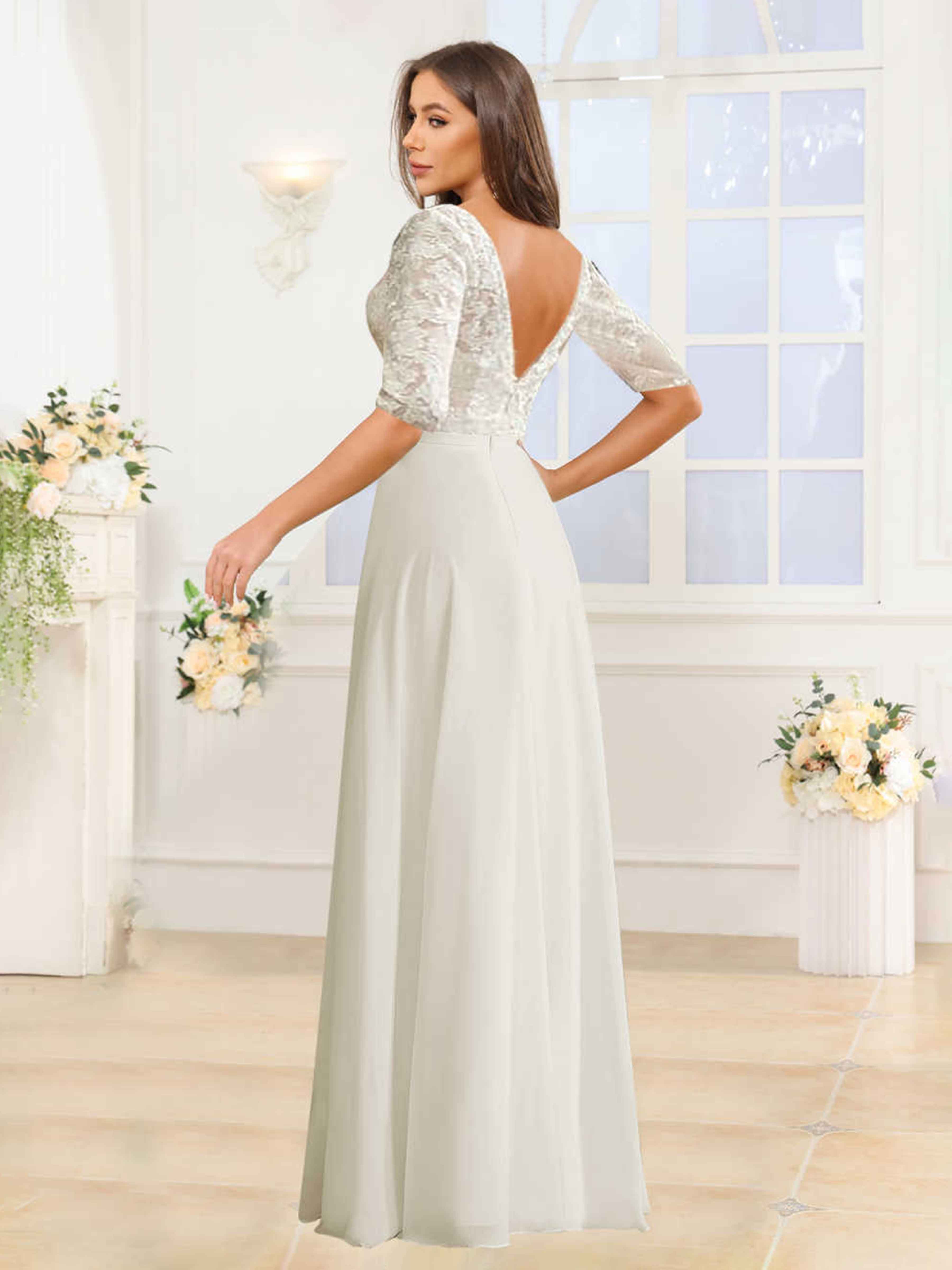 Charming V-Neck Half Sleeves Long Lace Chiffon Wedding Dress