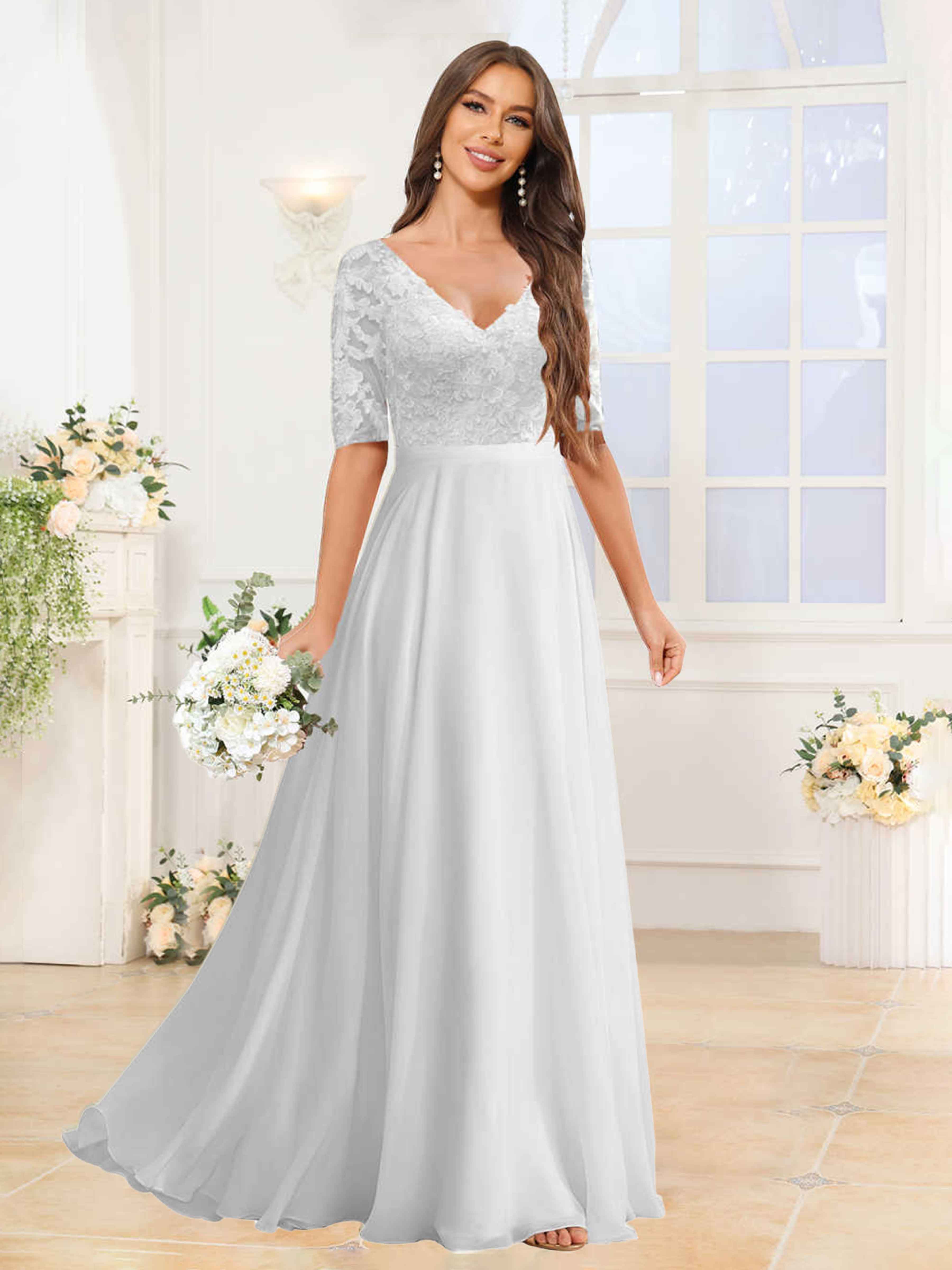Charming V-Neck Half Sleeves Long Lace Chiffon Wedding Dress