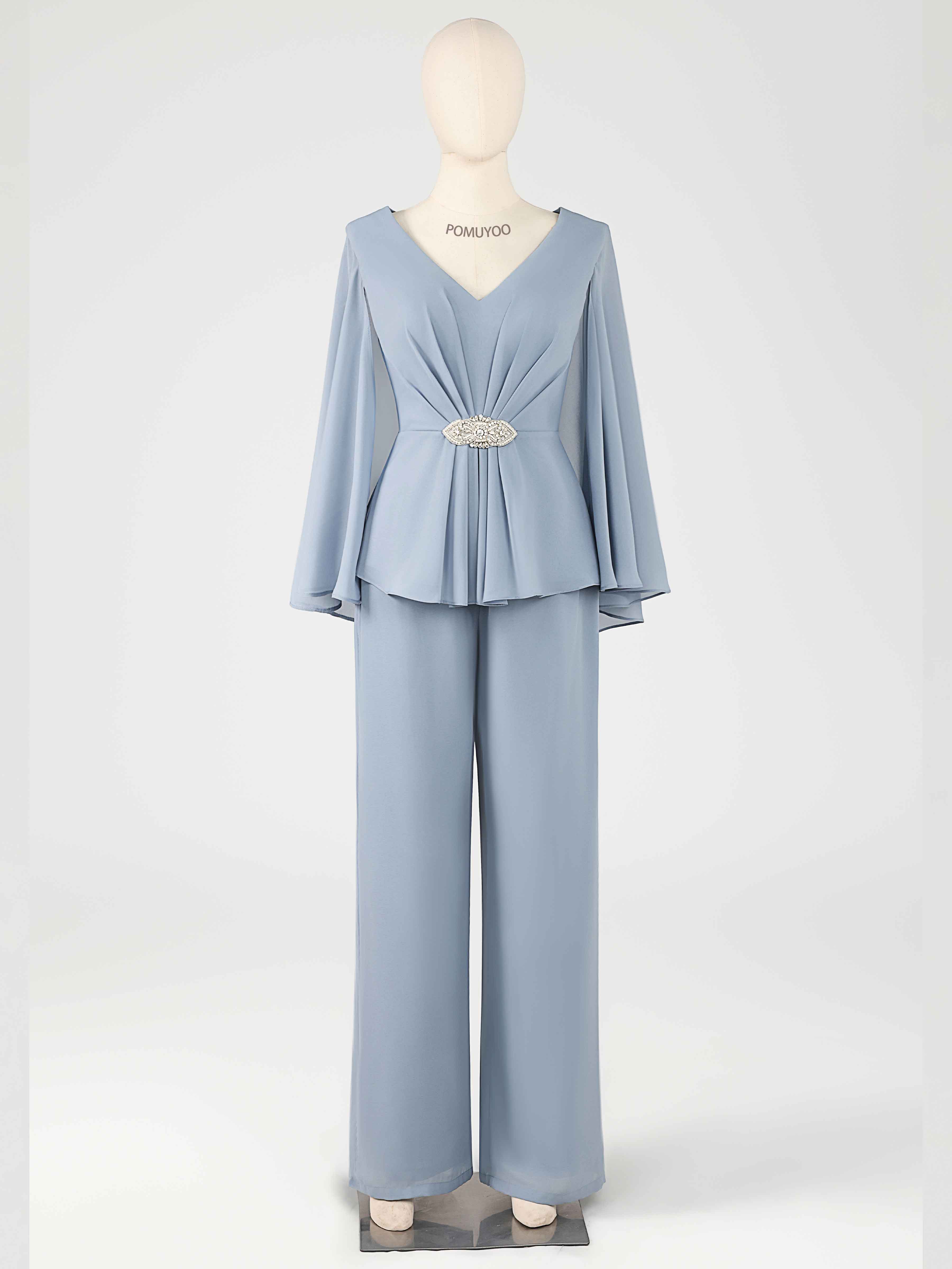 Enchanting Two Pieces V Neck Beaded Chiffon Mother of the Bride Jumpsuit/Pantsuit UK