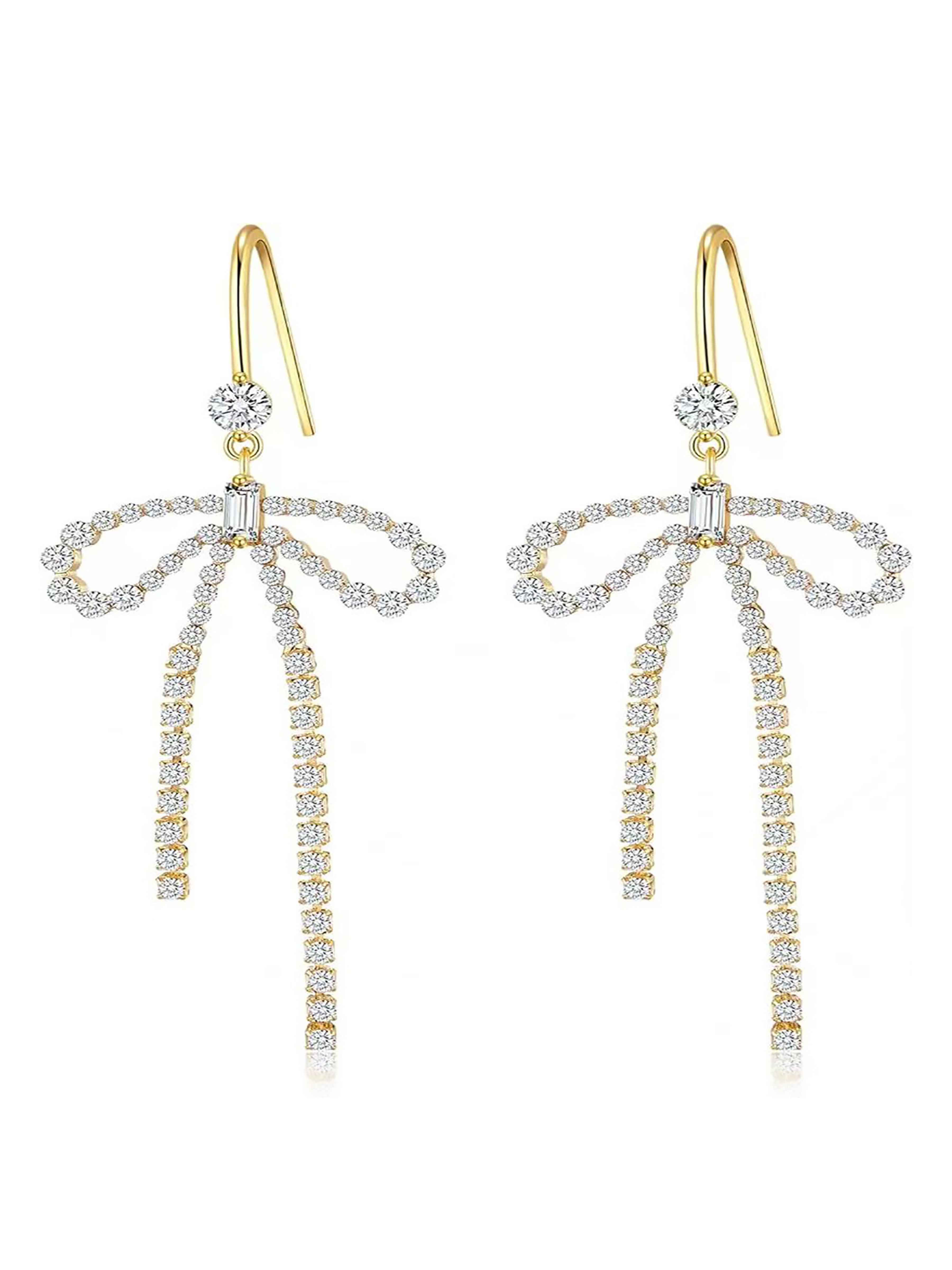 Charming Rhinestones Bow Long Earrings