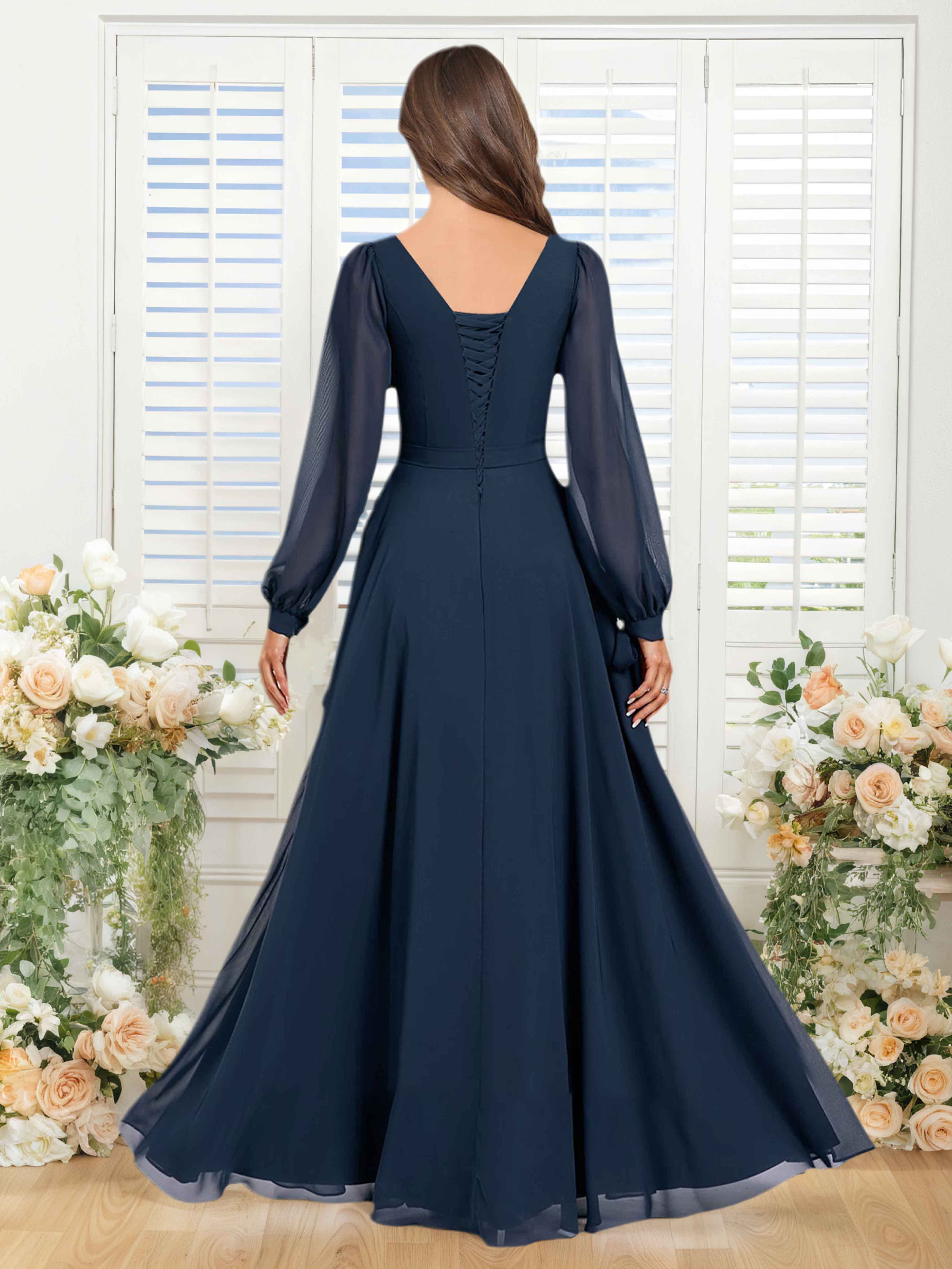 Fenella Elegant Scoop Long Sleeves Slit Chiffon Bridesmaid Dresses
