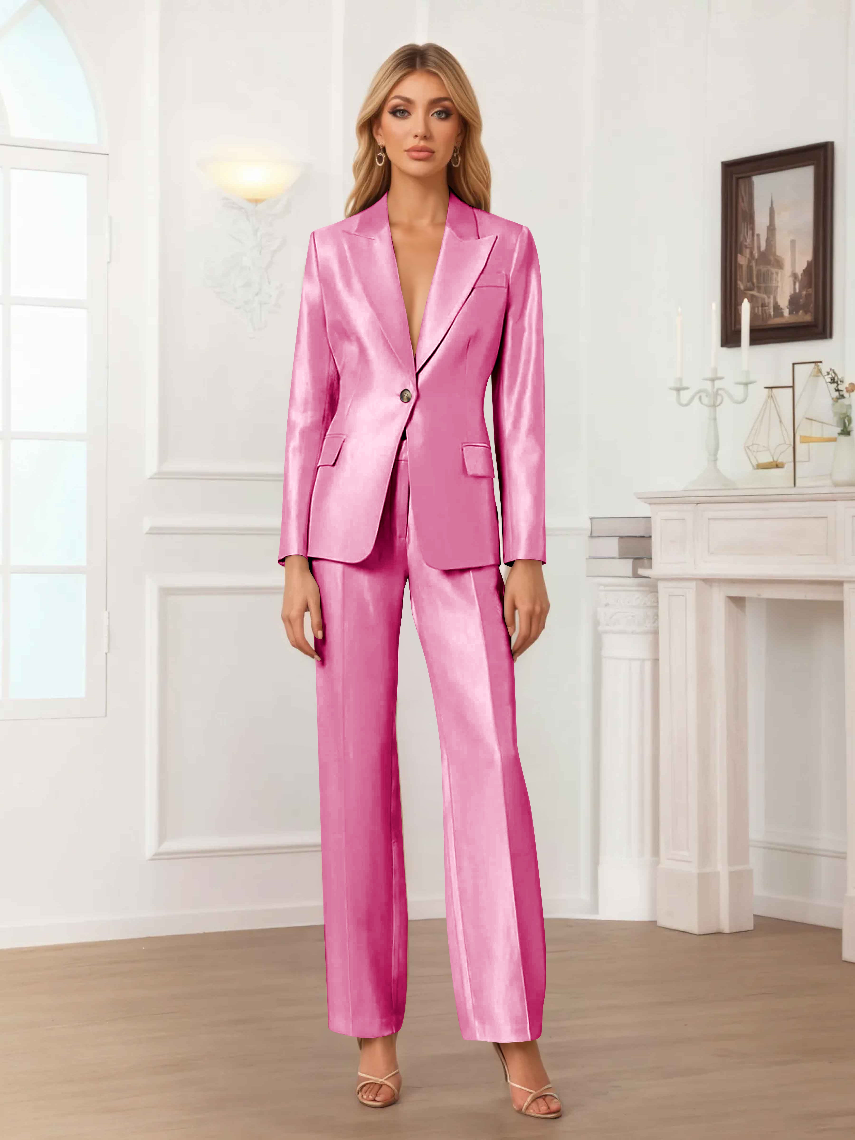 Women's 2 Pieces Peak Lapel One-Button Satin Formal Suit Set UK