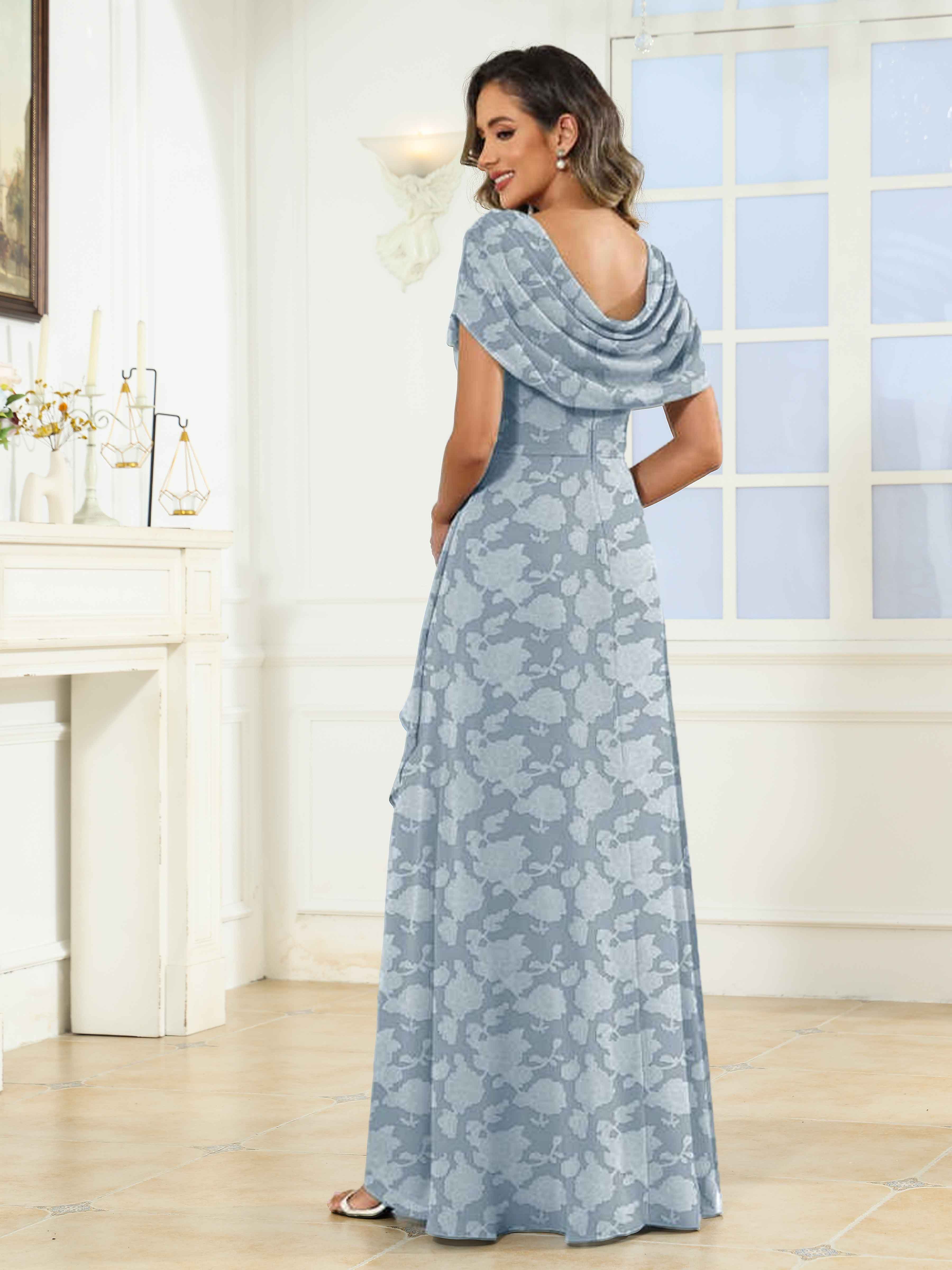 Fleur Modest Cowl Beading Slit Long Floral Lace Mother of the Bride Dresses