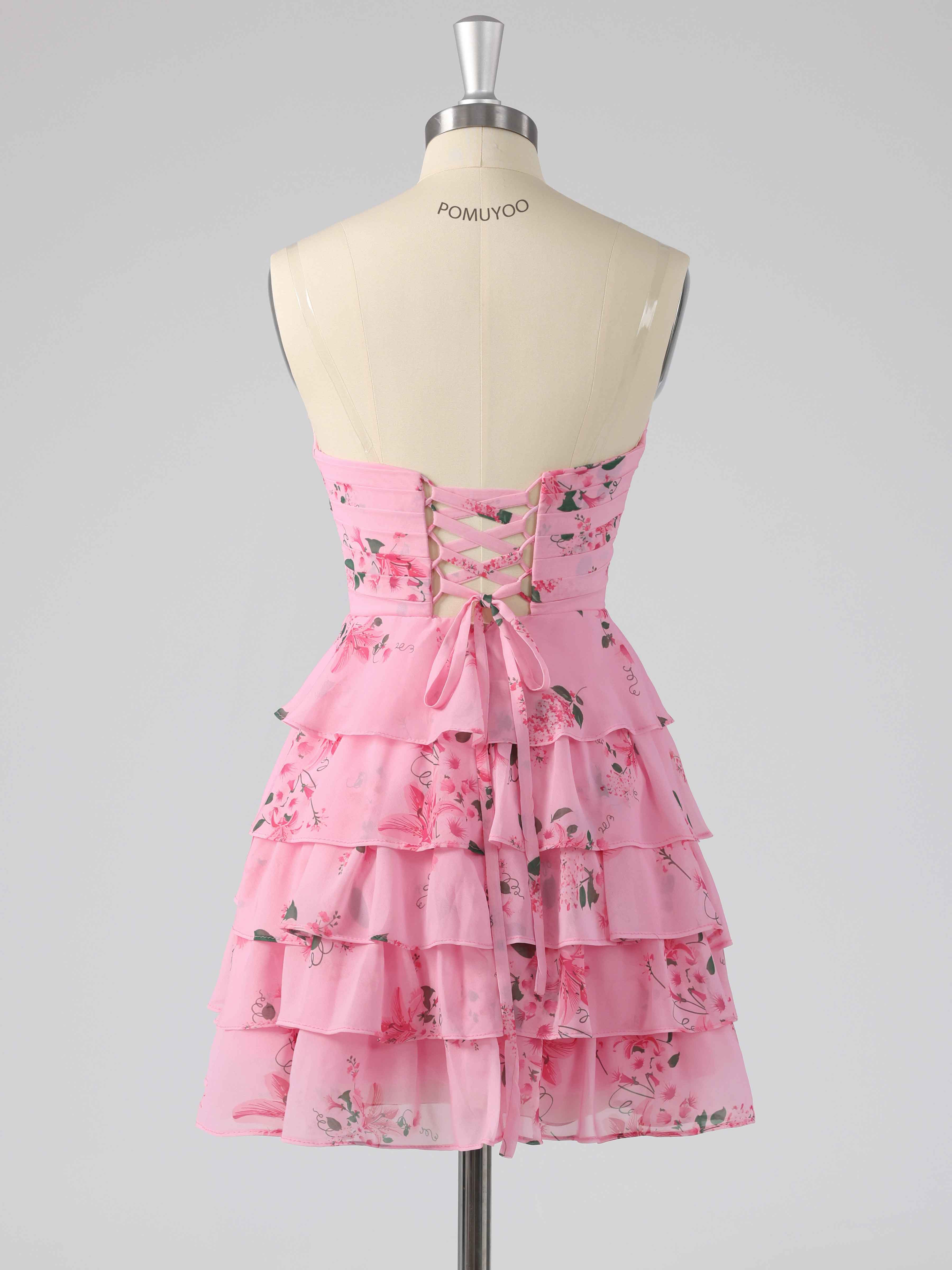 Gorgeous Sweetheart Tiered Floral Print Mini Party Dress with Bow