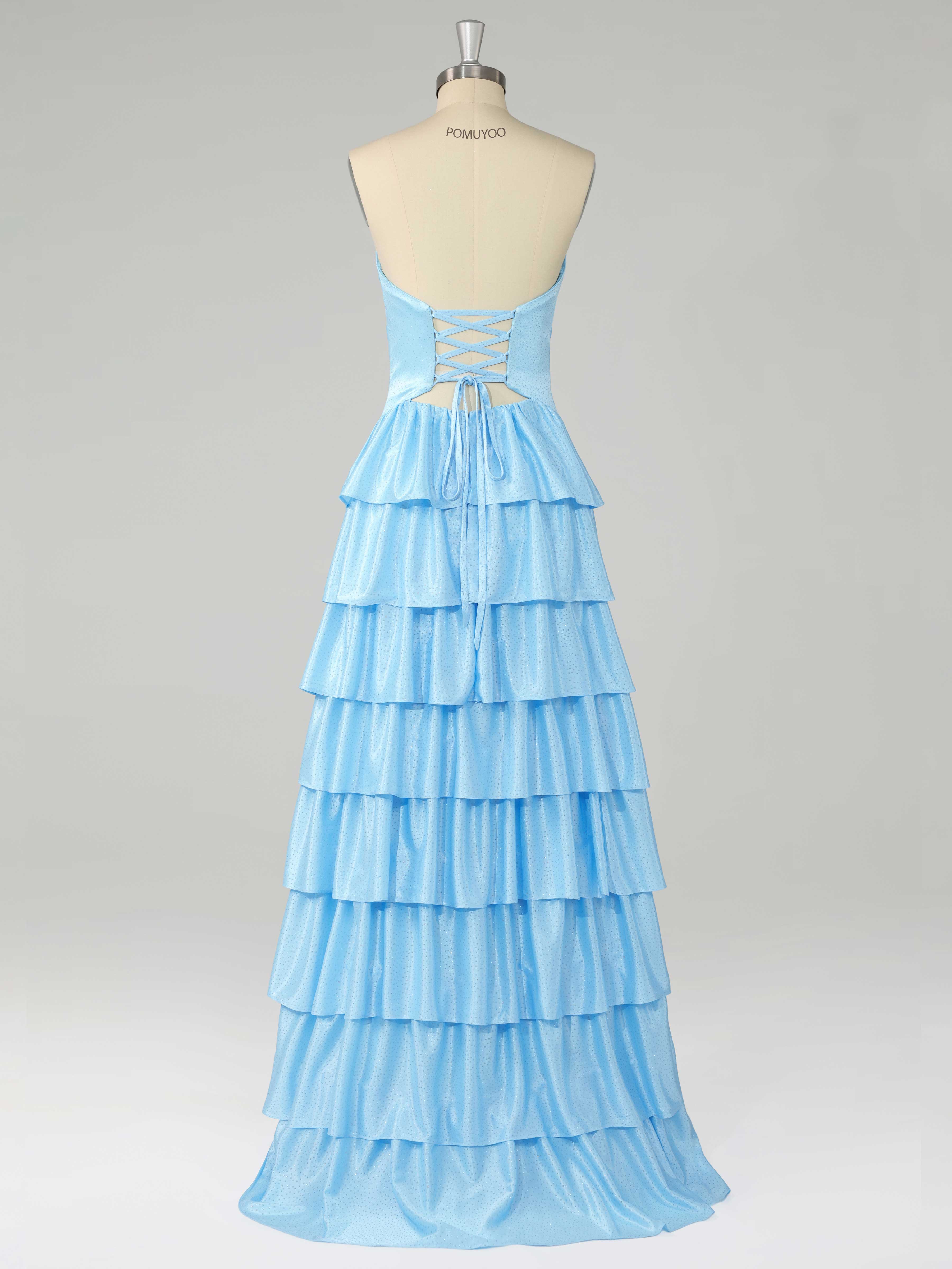 Graceful A-Line Sweetheart Tiered Sweep Train Beading Satin Prom Dresses UK