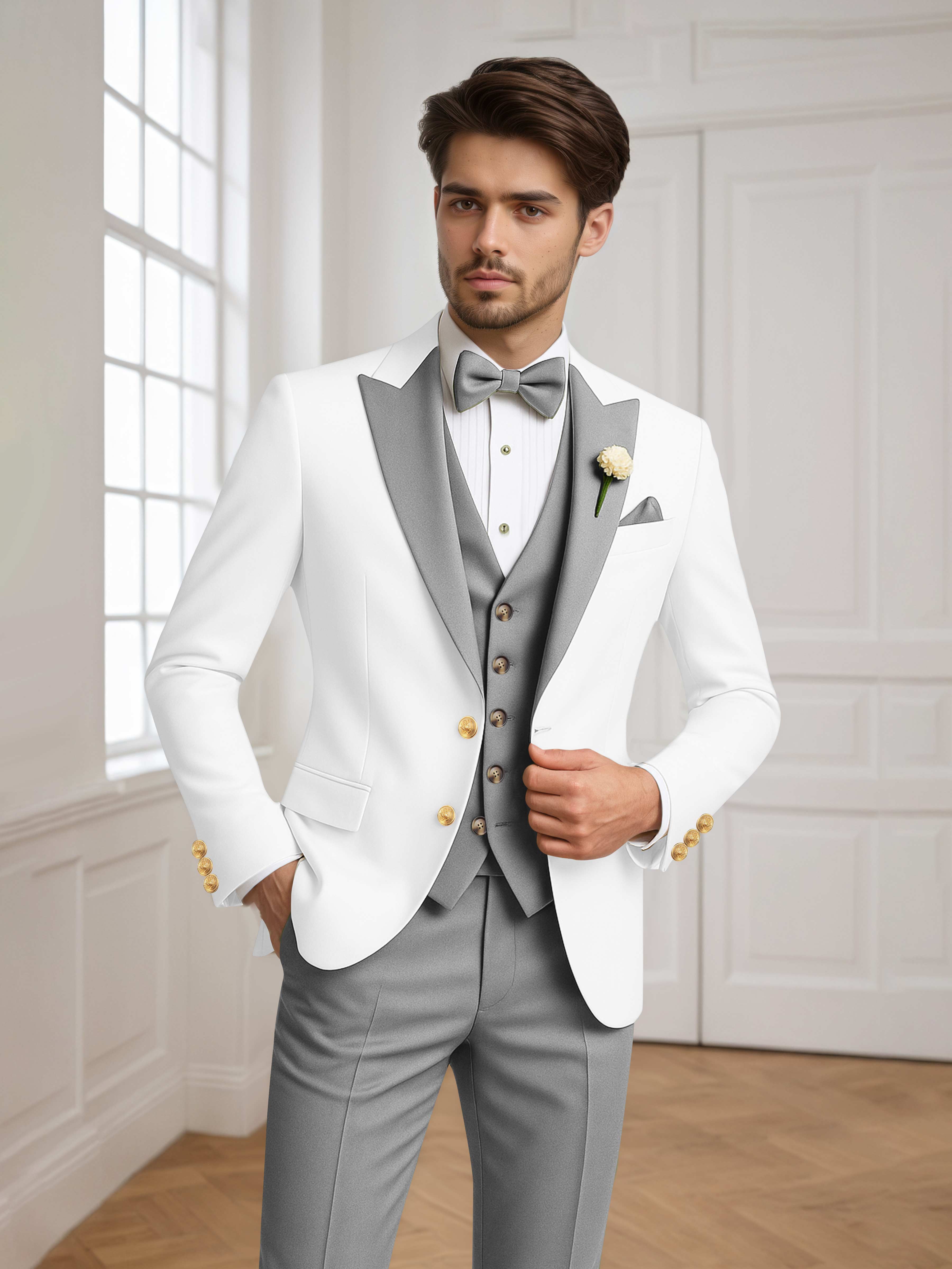 Two Tone Peak Lapel Men's 3 Pieces Wedding Suit for Groom & Events