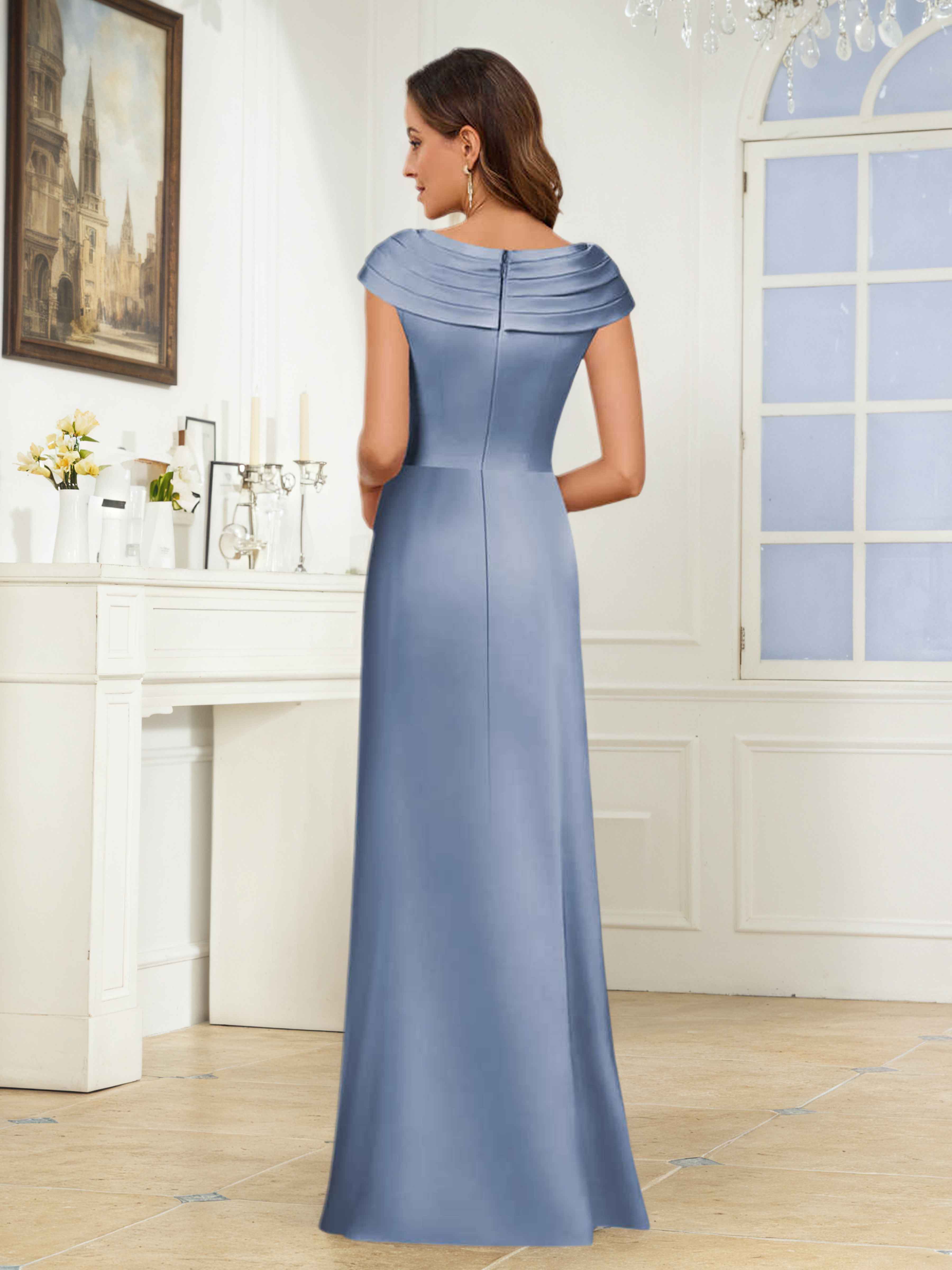 Gwyneth Chic Sheath V Neck Beading Slit Long Satin Mother of the Bride Dresses