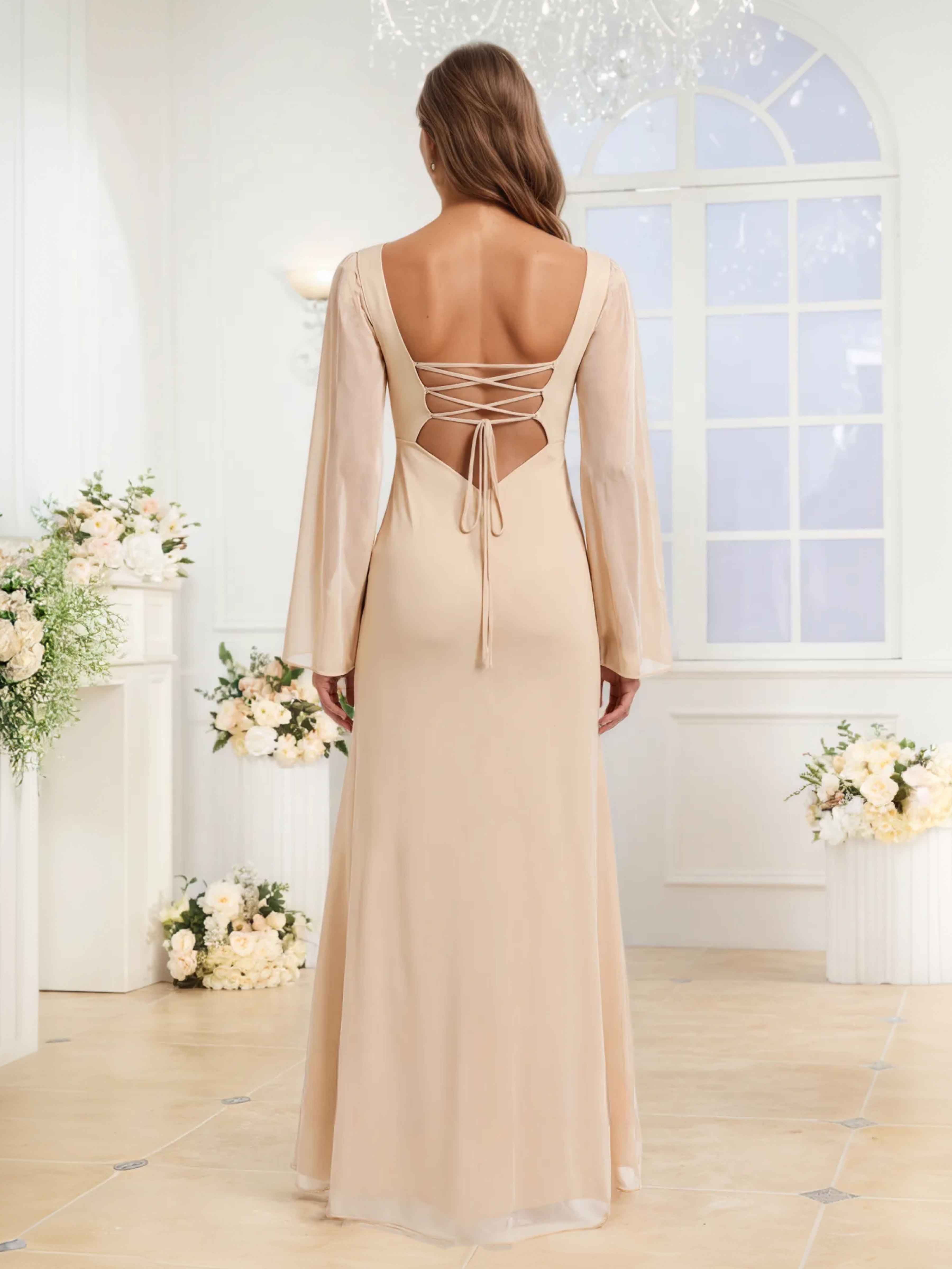 Ianthe Trendy Square Long Sleeves Floor Length Chiffon Bridesmaid Dresses