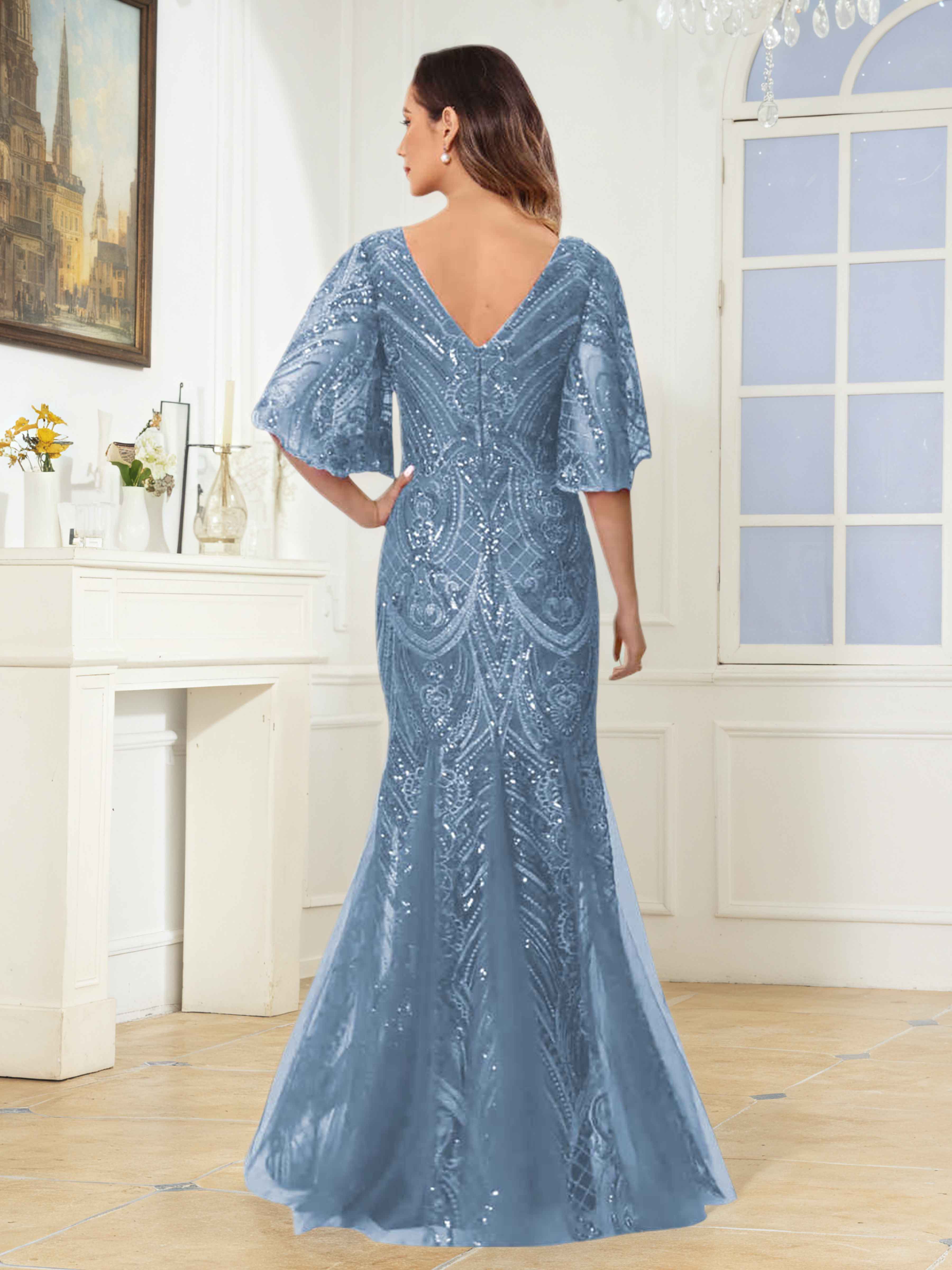 Ilaria Enchanting Trumpet V Neck Sequins Long Mother of the Bride Dresses