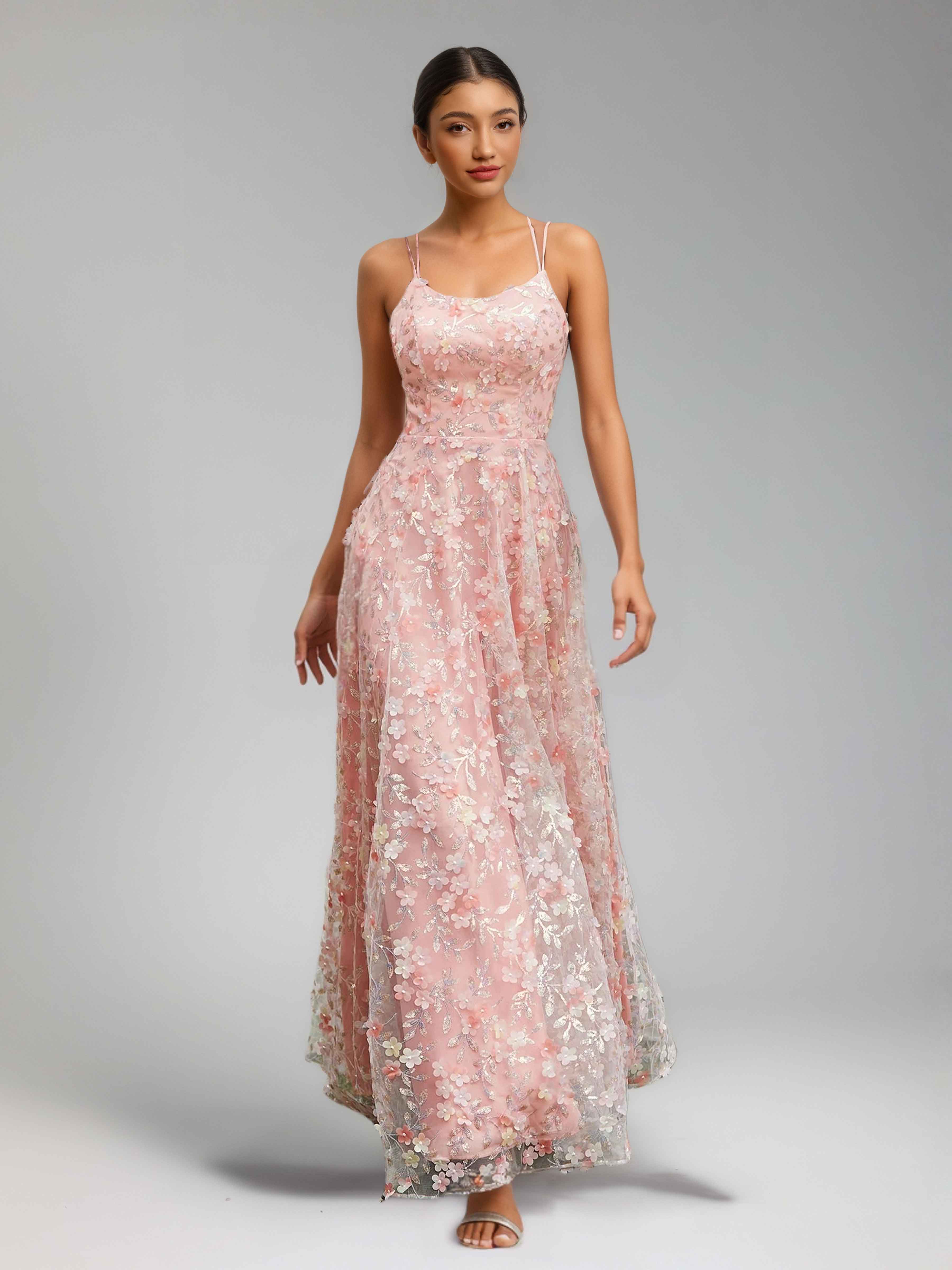 Iraelindra Princess A-Line Spaghetti Straps Long Flowers Appliqued Prom Dresses