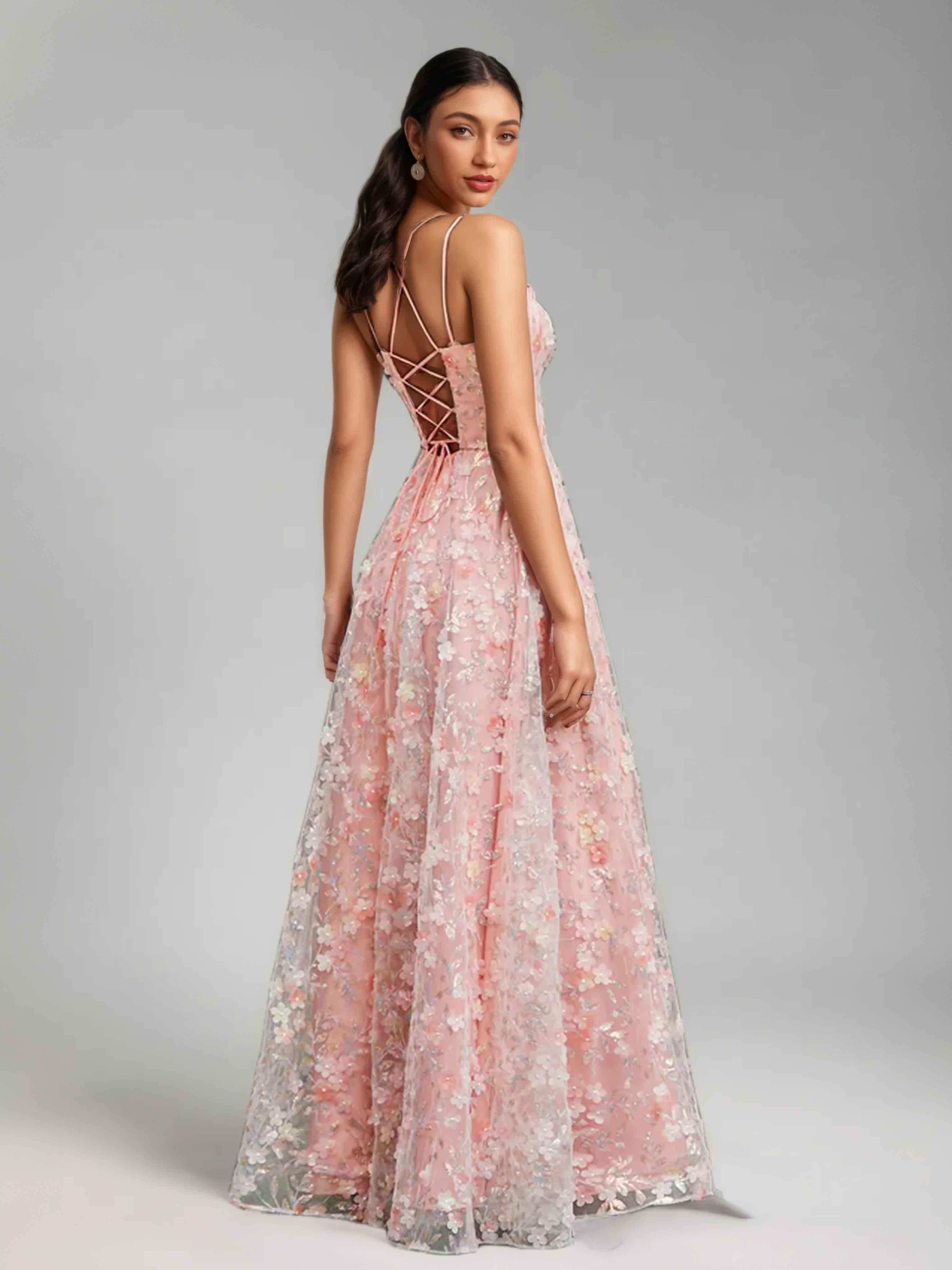 Iraelindra Princess A-Line Spaghetti Straps Long Flowers Appliqued Prom Dresses