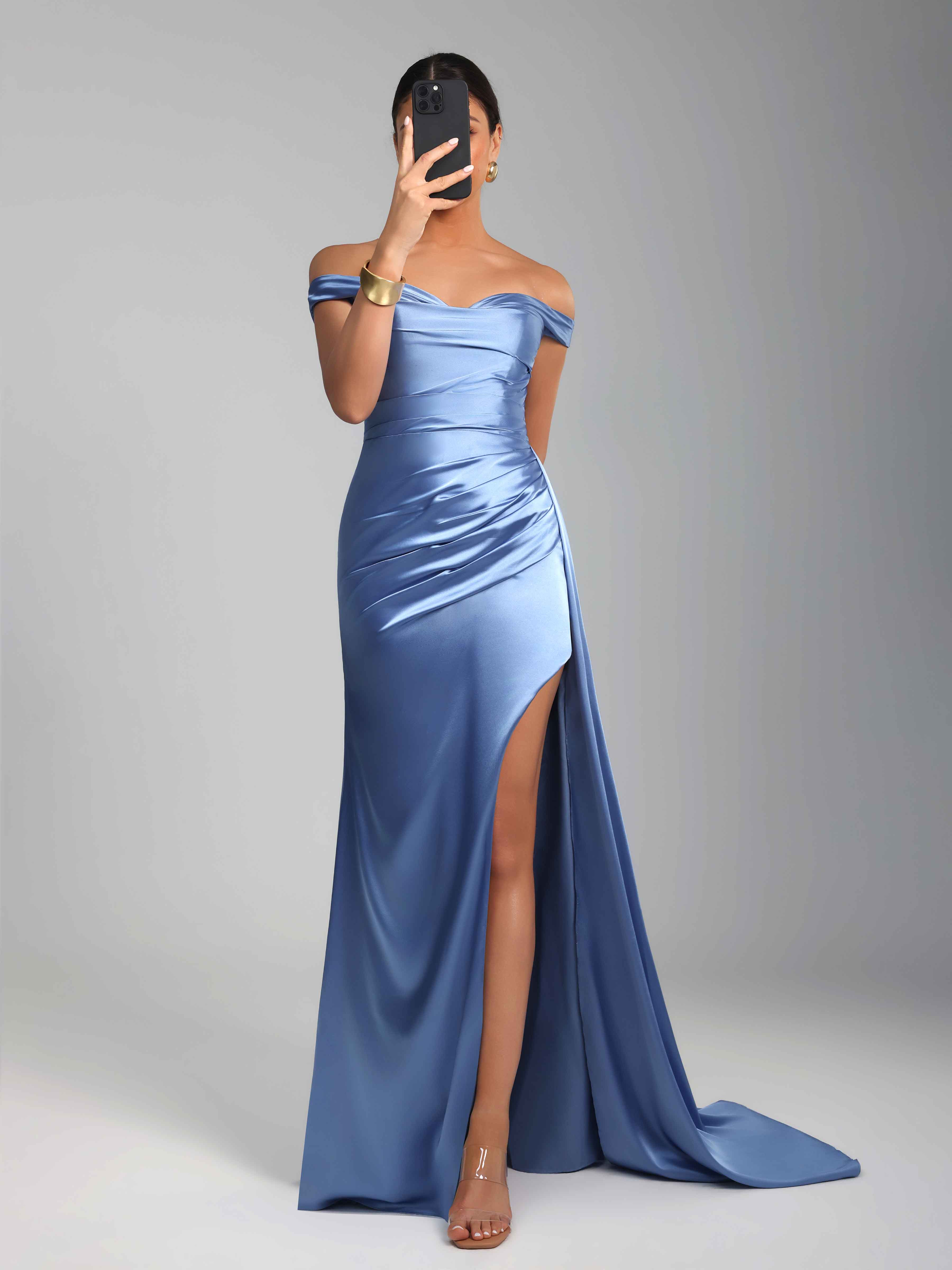 Iraelith Charming Sheath Off the Shoulder Slit Long Satin Prom Dresses