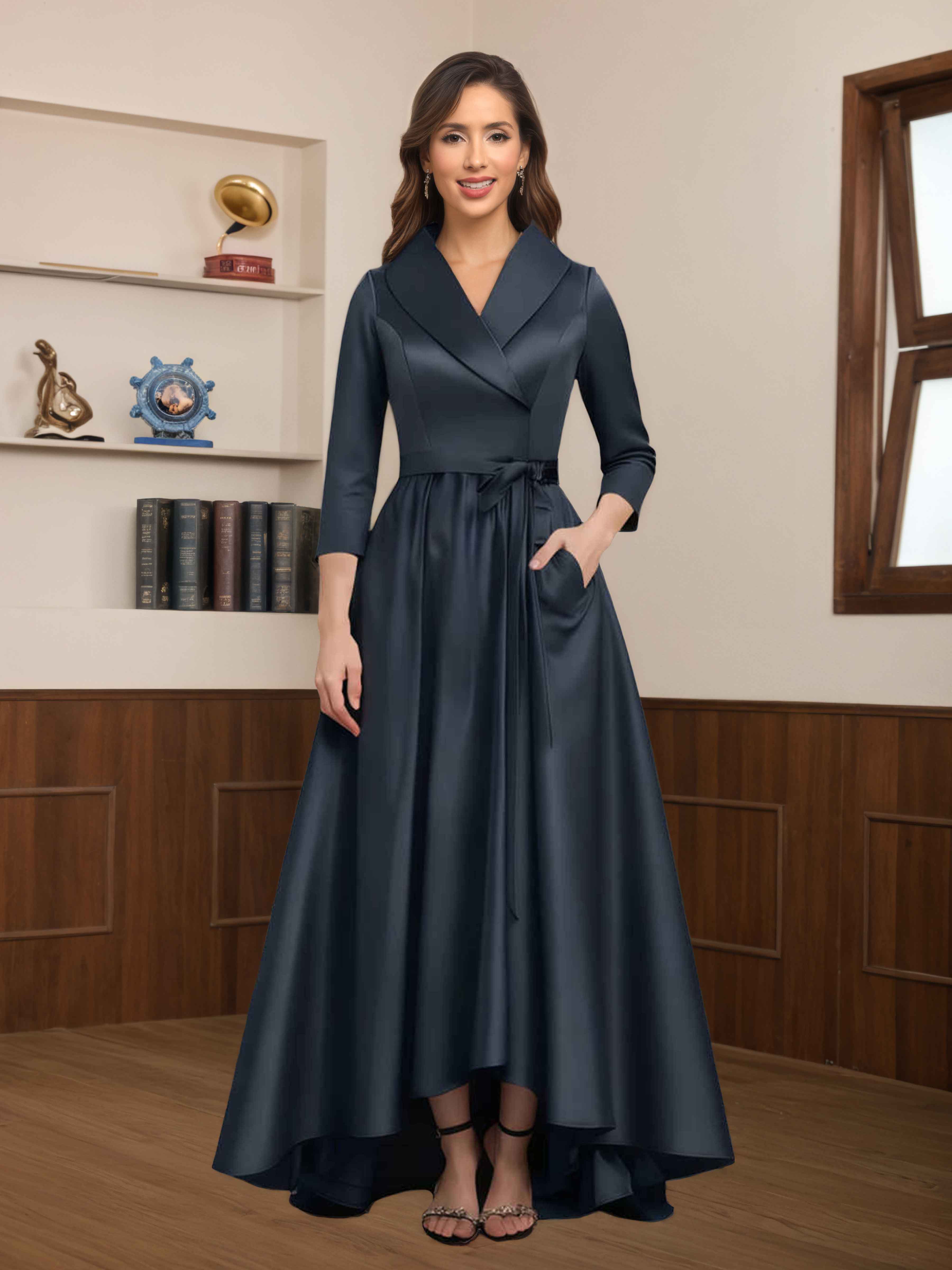 Jaela Modern A-Line V Neck Satin Mother of the Bride Dresses With Pockets