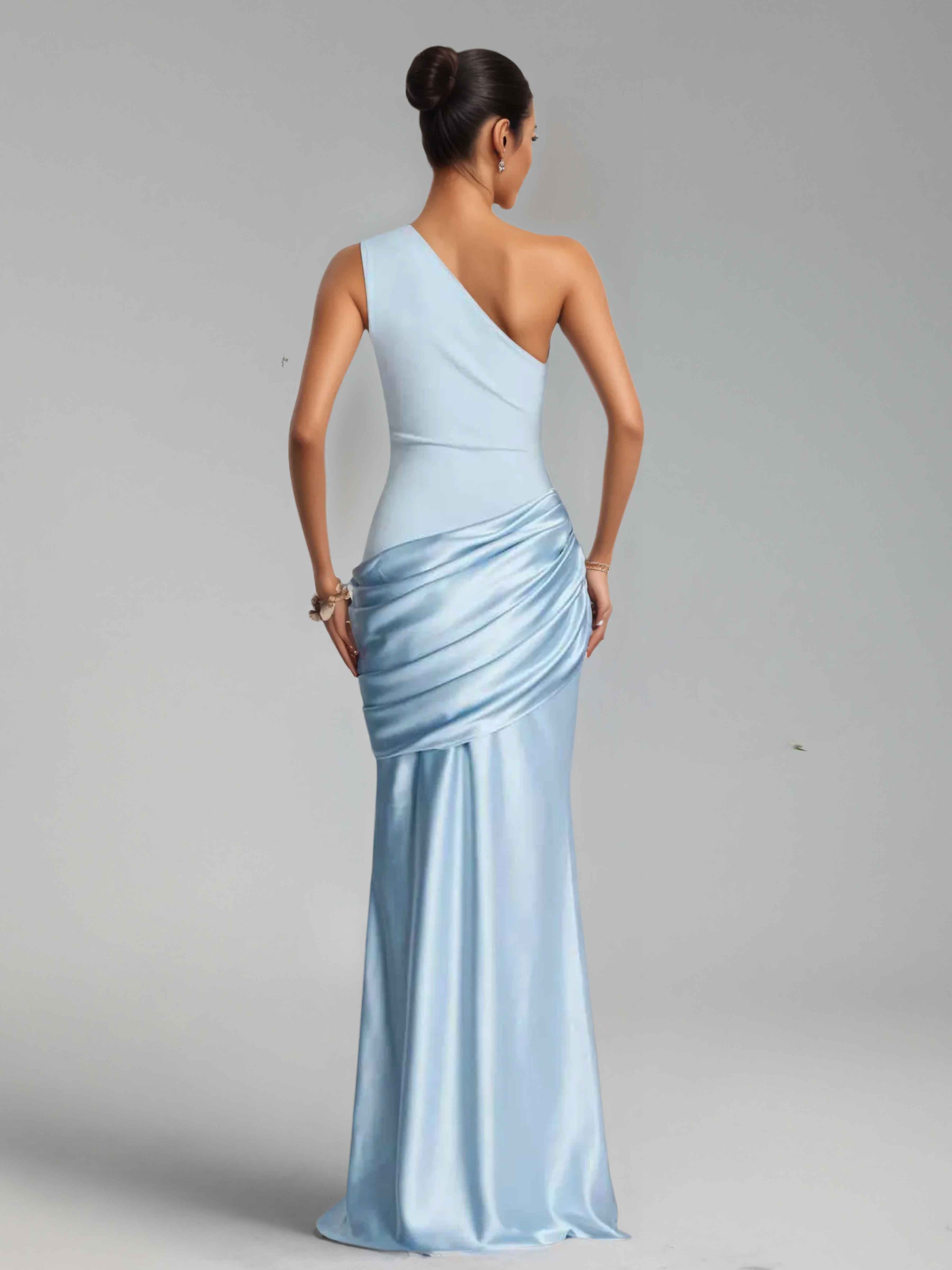 Jaelithra Elegant One Shoulder Pleated Satin Long Prom Dresses