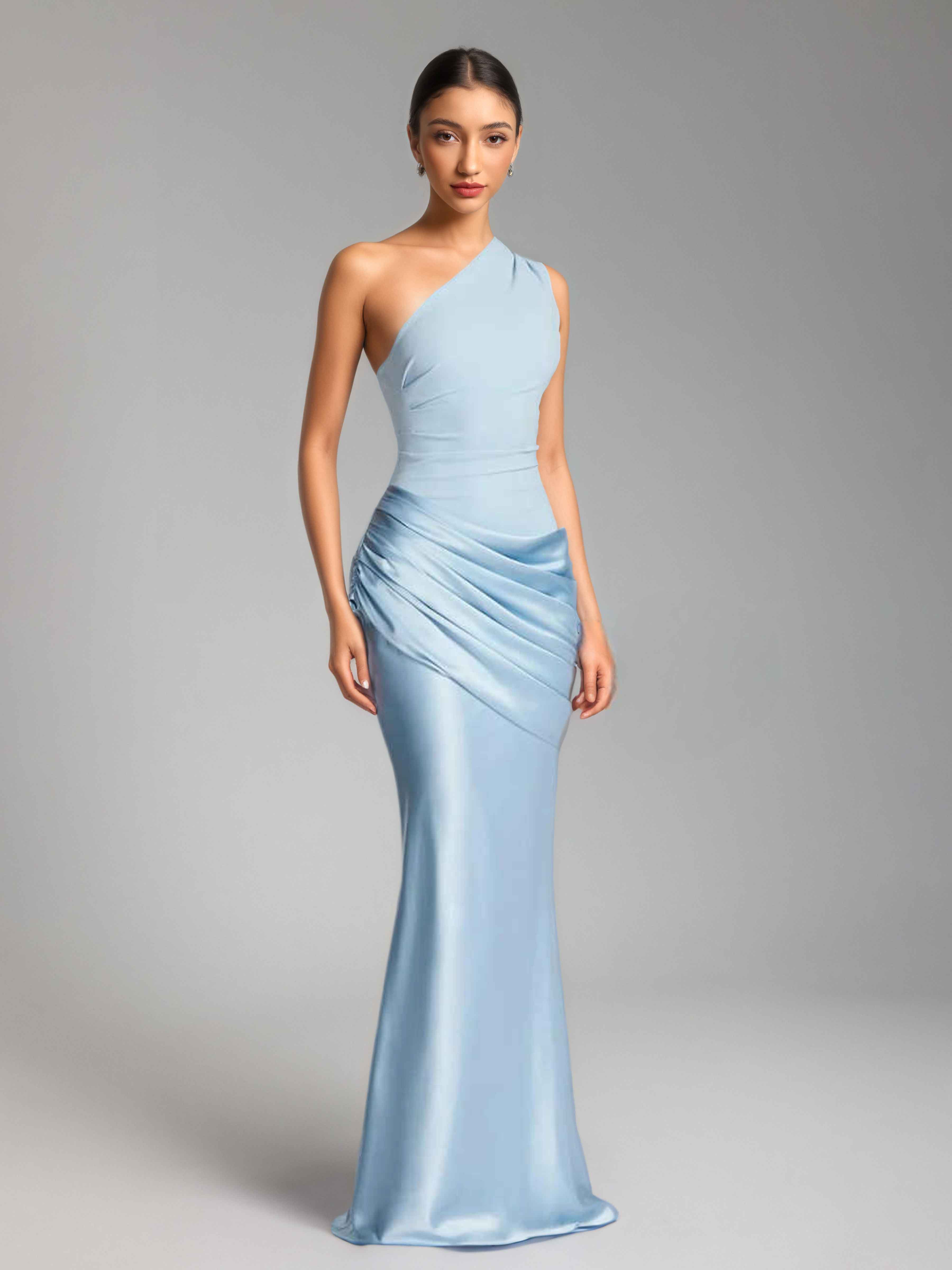 Jaelithra Elegant One Shoulder Pleated Satin Long Prom Dresses