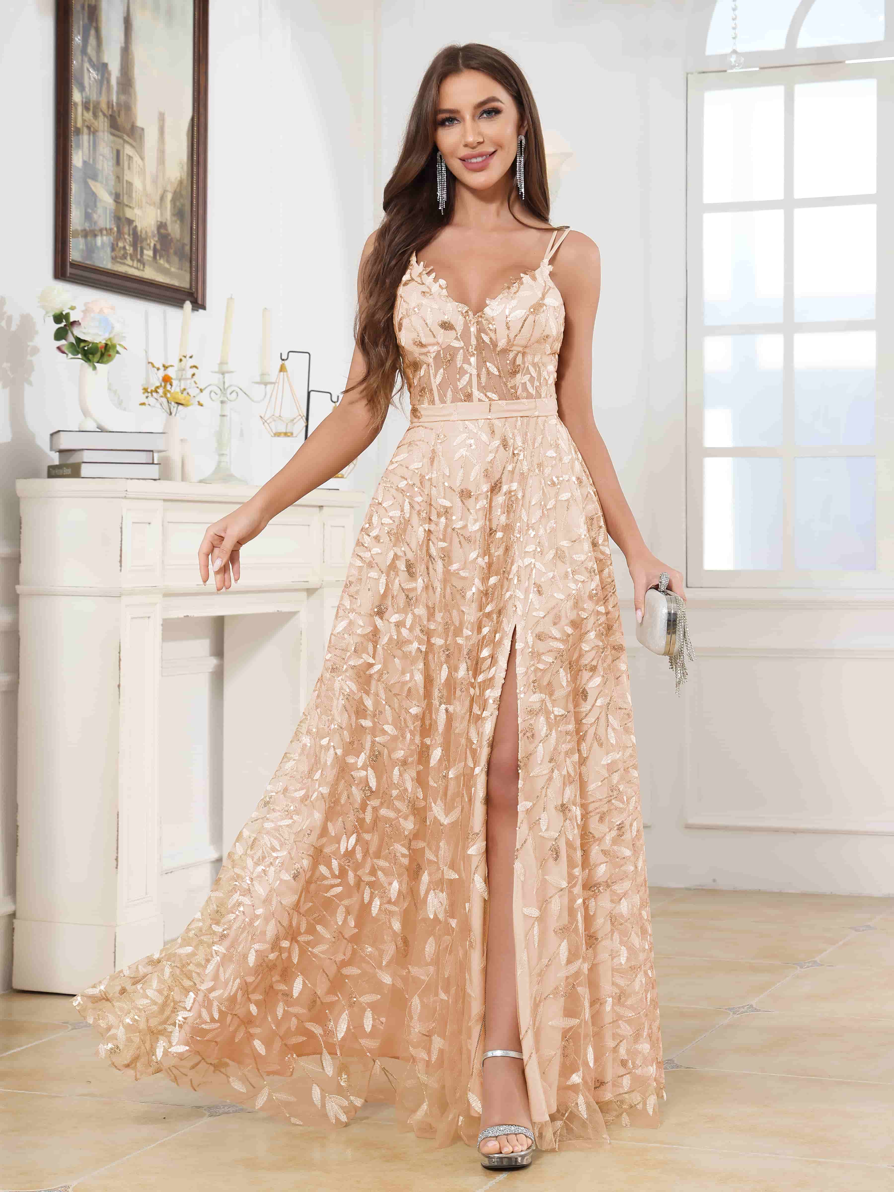 Johanna Pretty Spaghetti Straps Leaf Sequin Floor Length Prom Dresses Johanna Pretty Spaghetti Straps Leaf Sequin Floor Length Prom Dresses