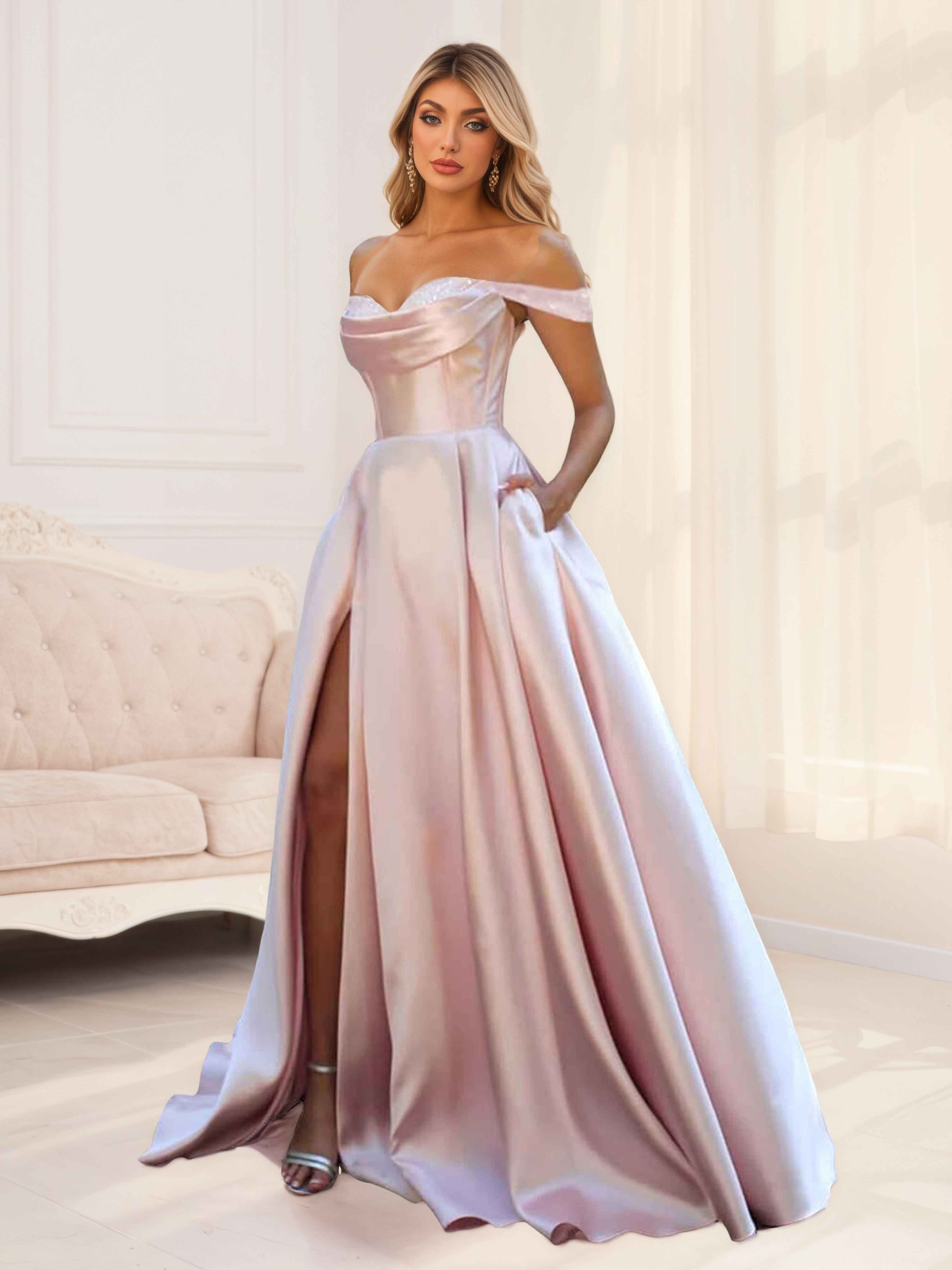 Kaida Glamorous A-Line Off the Shoulder Pleated Slit Satin Formal Dresses