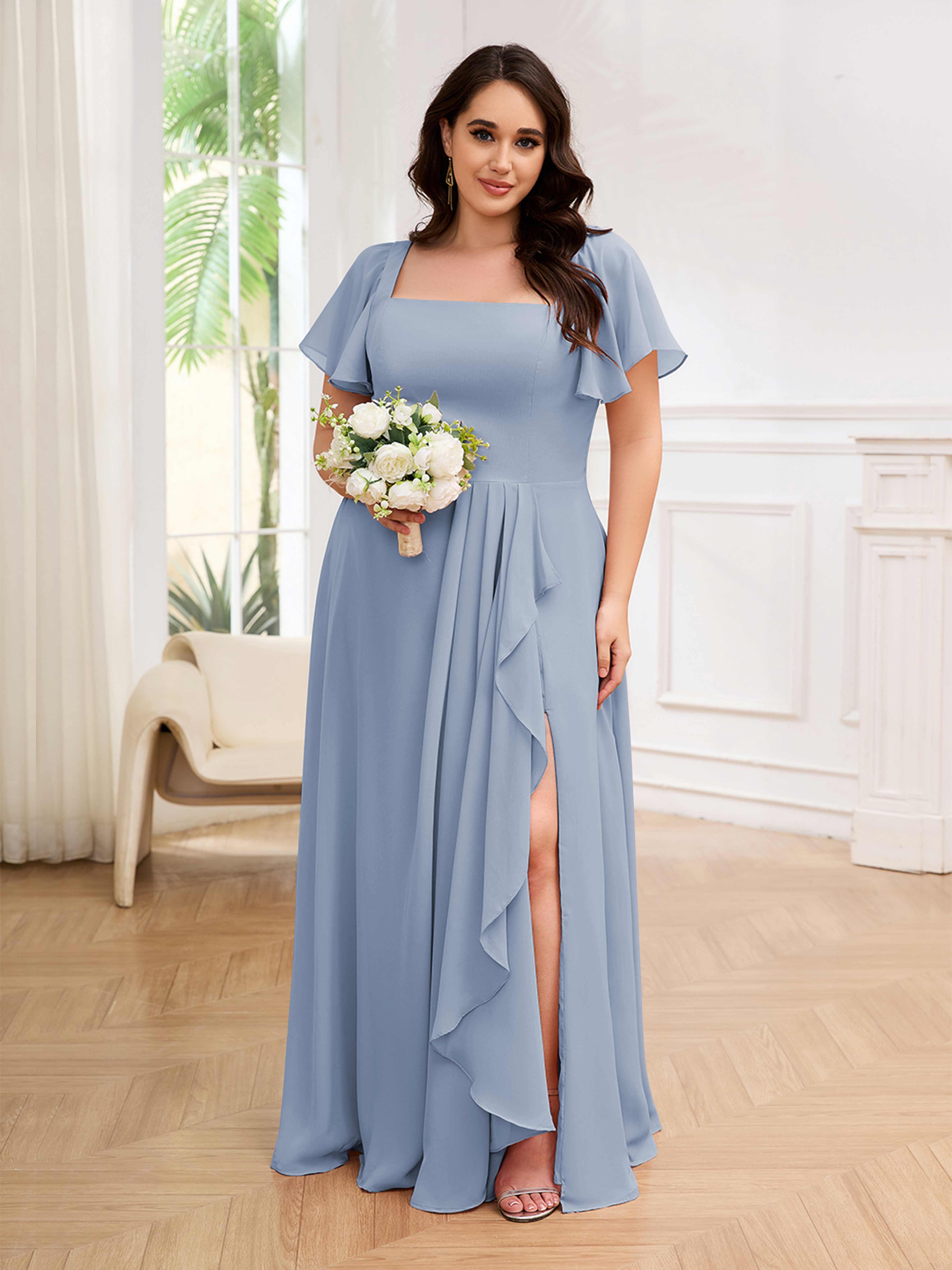 Katie Chic Square Ruffles Slit Chiffon Plus Size Bridesmaid Dresses