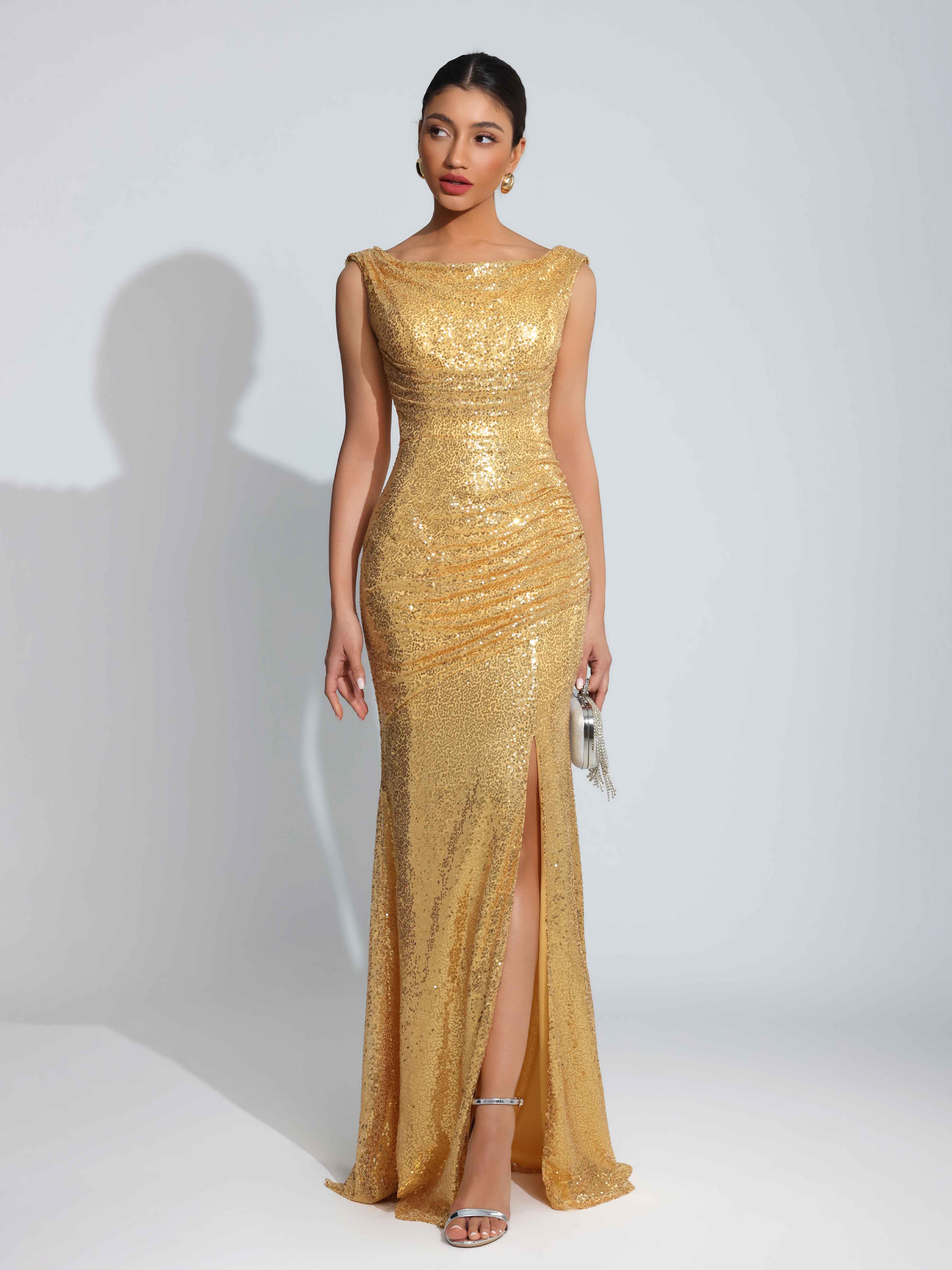 Laelith Sparkling Cowl Ruched Slit Long Sequins Prom Dresses