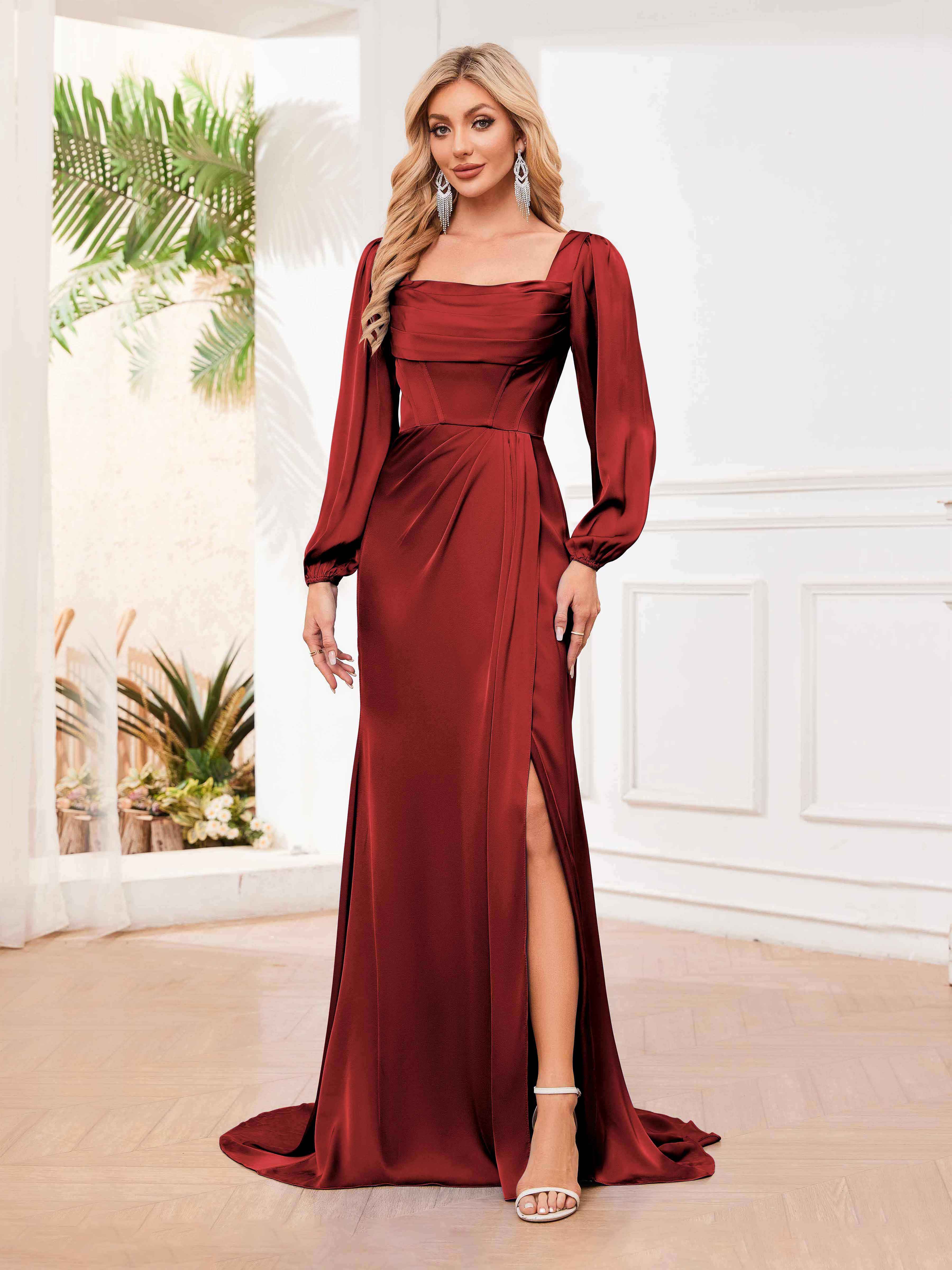 Laney Graceful Square Long Sleeves Ruched Slit Satin Formal Dresses